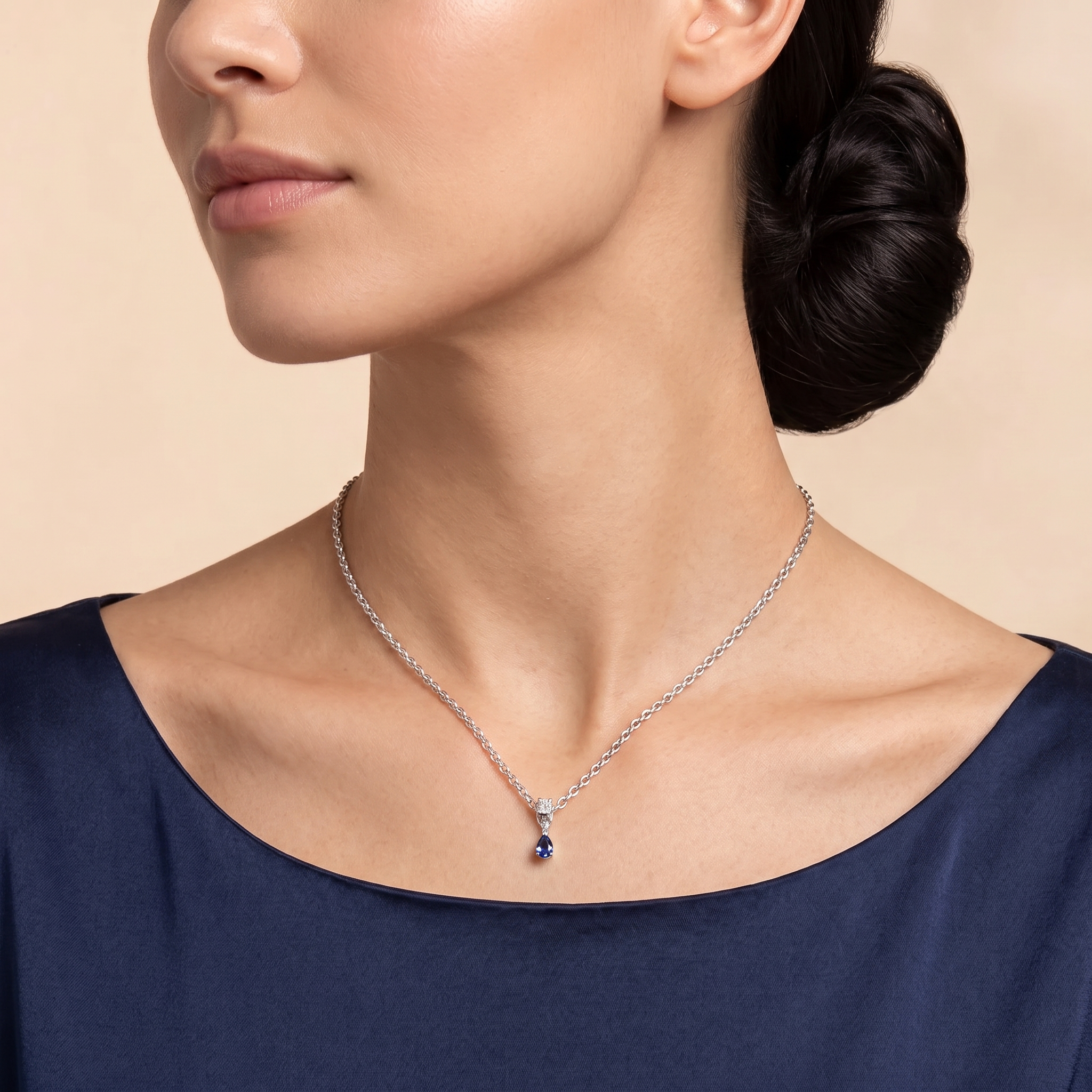Pisa Blue Sapphire & Diamond Pear Drop Pendant Necklace In White Gold - Small