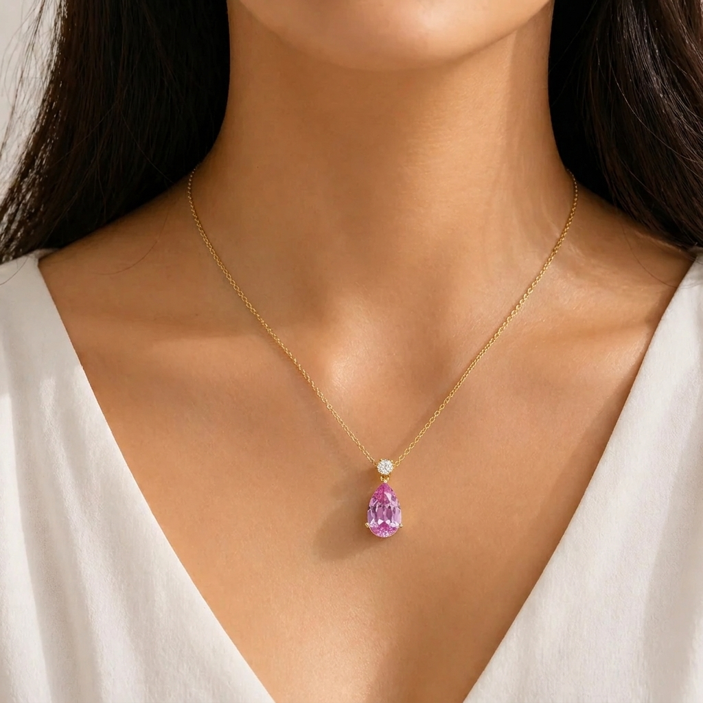 Pisa Pink Sapphire & Diamond Pear Drop Pendant Necklace In Gold - Large