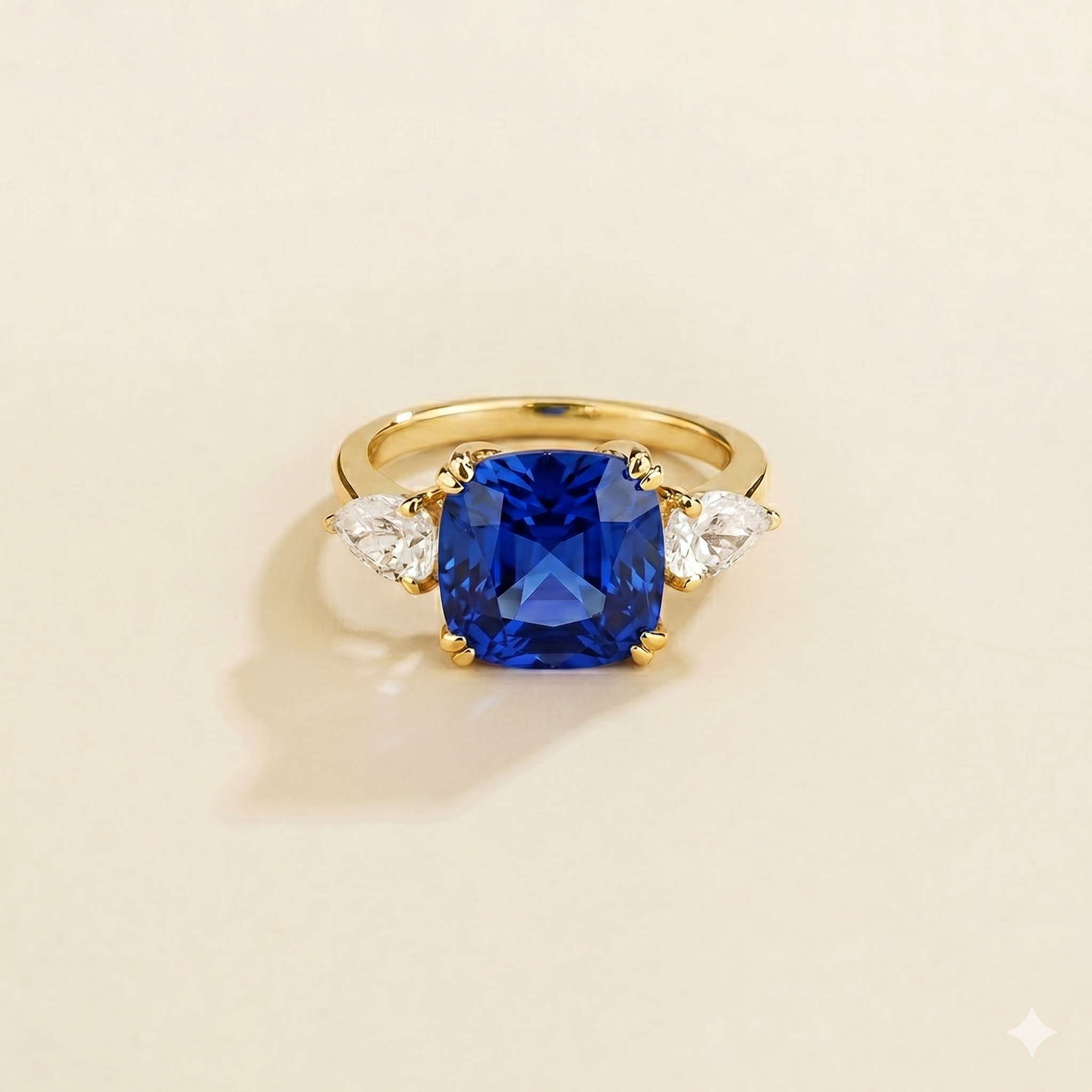 Pari Blue Sapphire Cushion Cut & Diamond Pear Cut Gold Ring