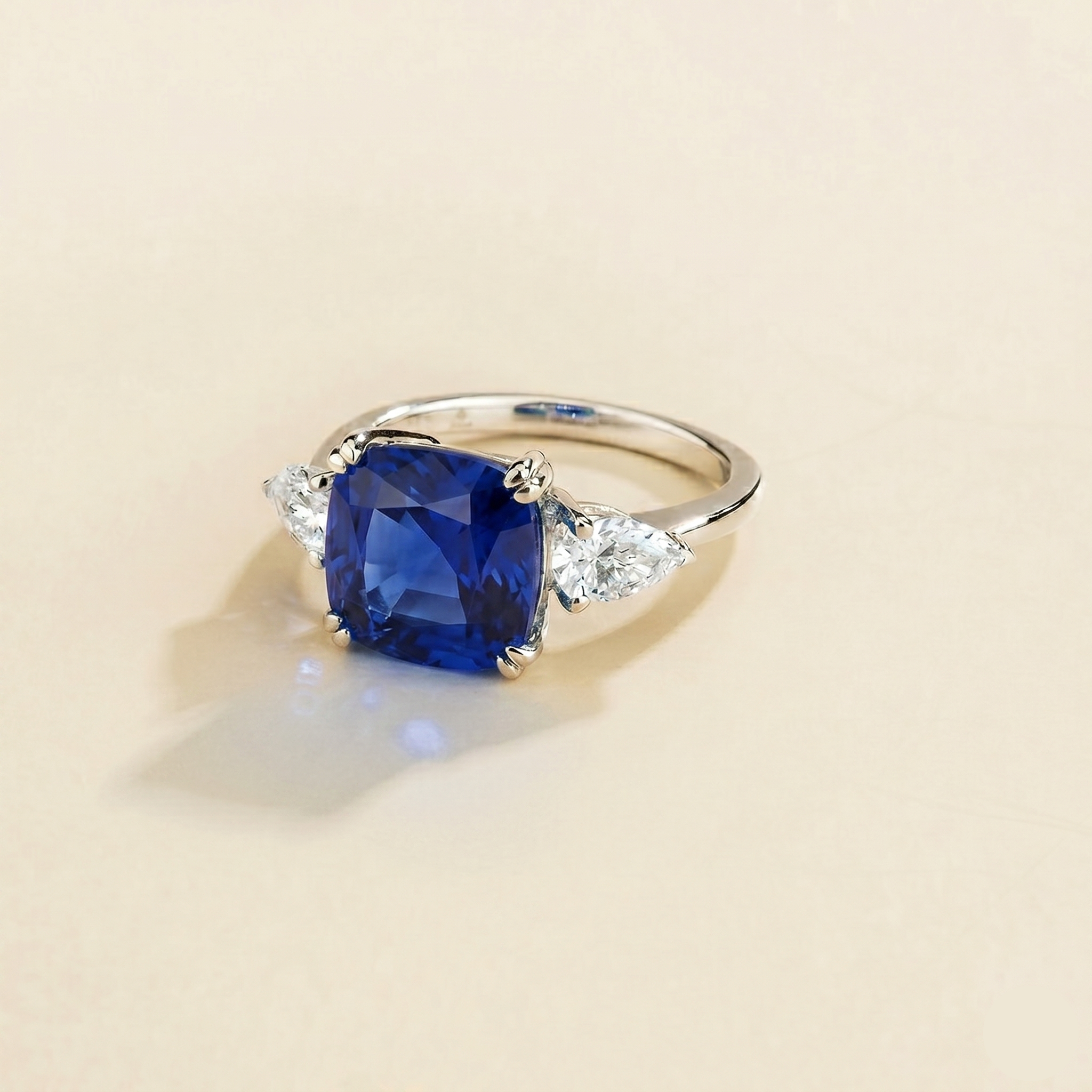 Pari Blue Sapphire Cushion Cut & Diamond Pear Cut White Gold Ring