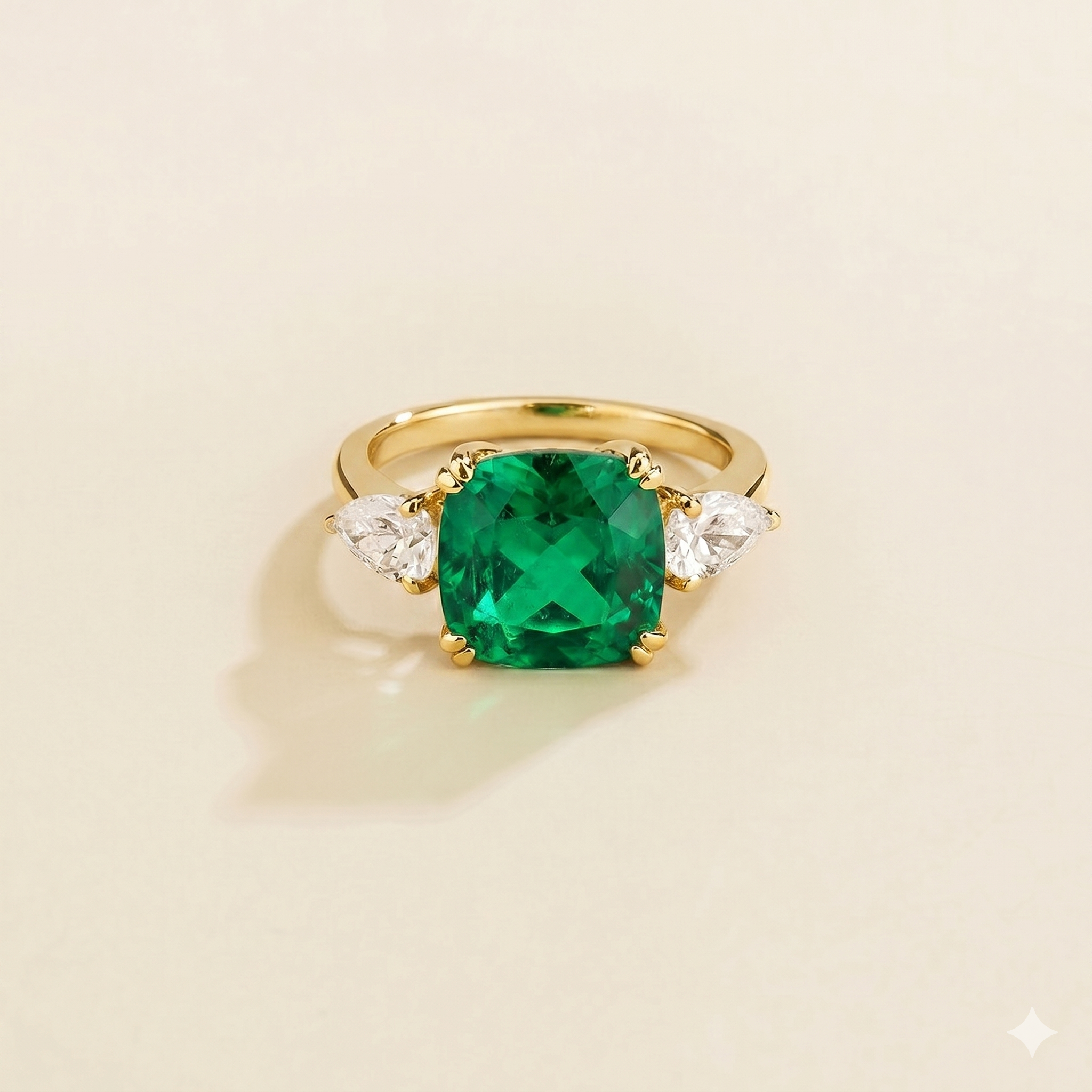 Pari Emerald Cushion Cut & Diamond Pear Cut Gold Ring
