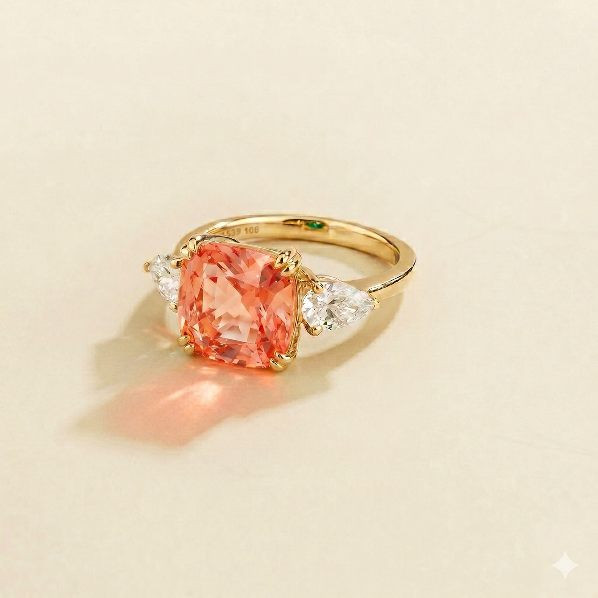 Pari Padparadscha Sapphire Cushion Cut & Diamond Pear Cut Gold Ring