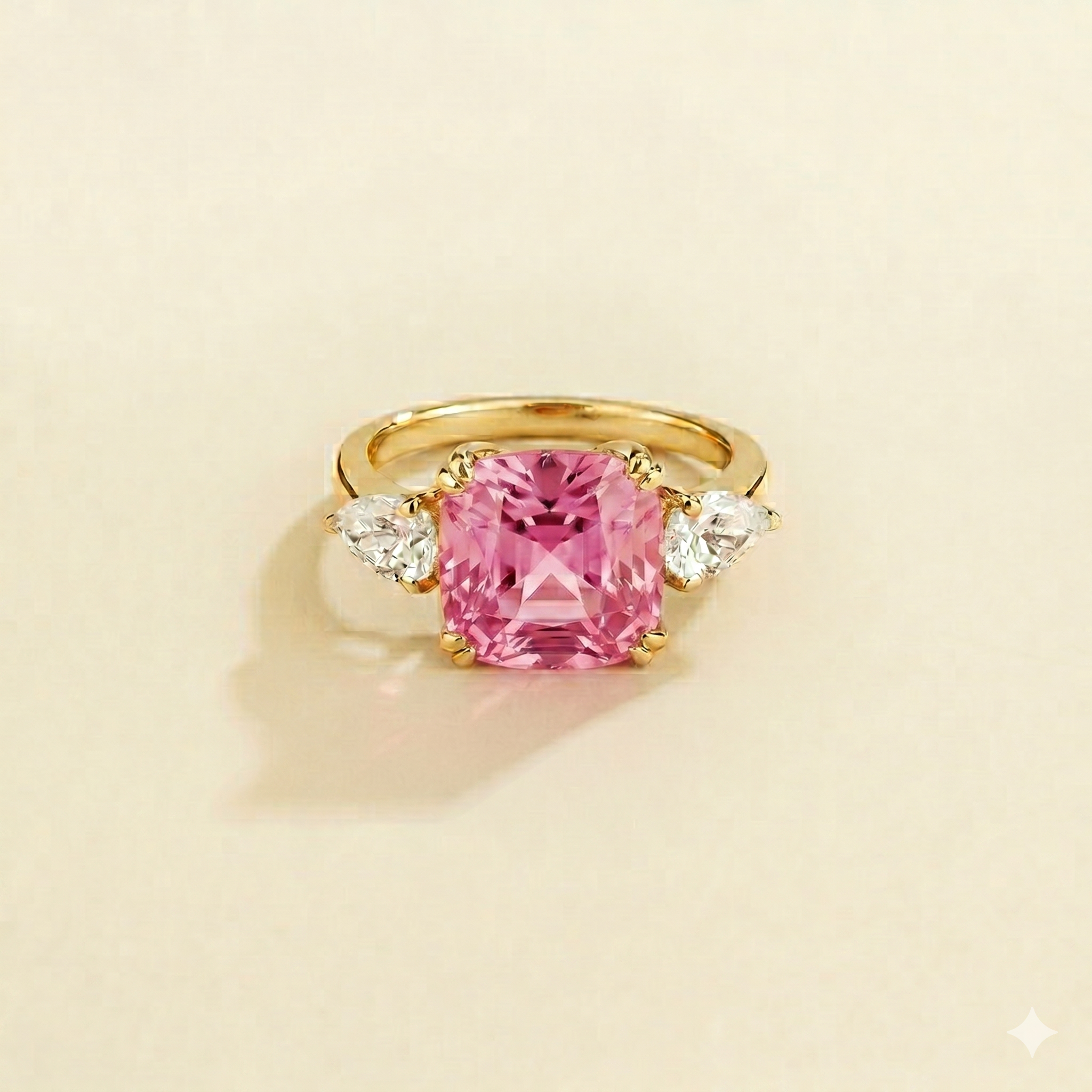 Pari Pink Sapphire Cushion Cut & Diamond Pear Cut Gold Ring