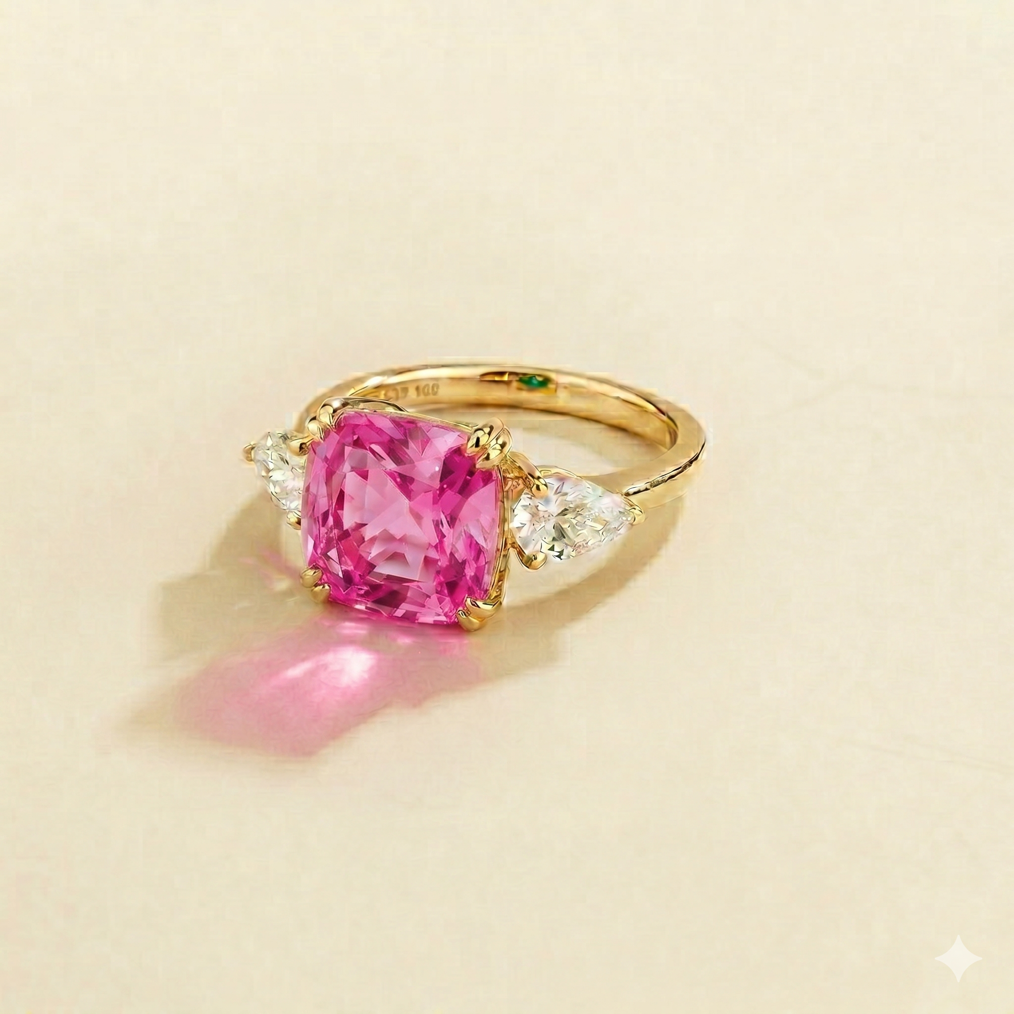 Pari Pink Sapphire Cushion Cut & Diamond Pear Cut Gold Ring