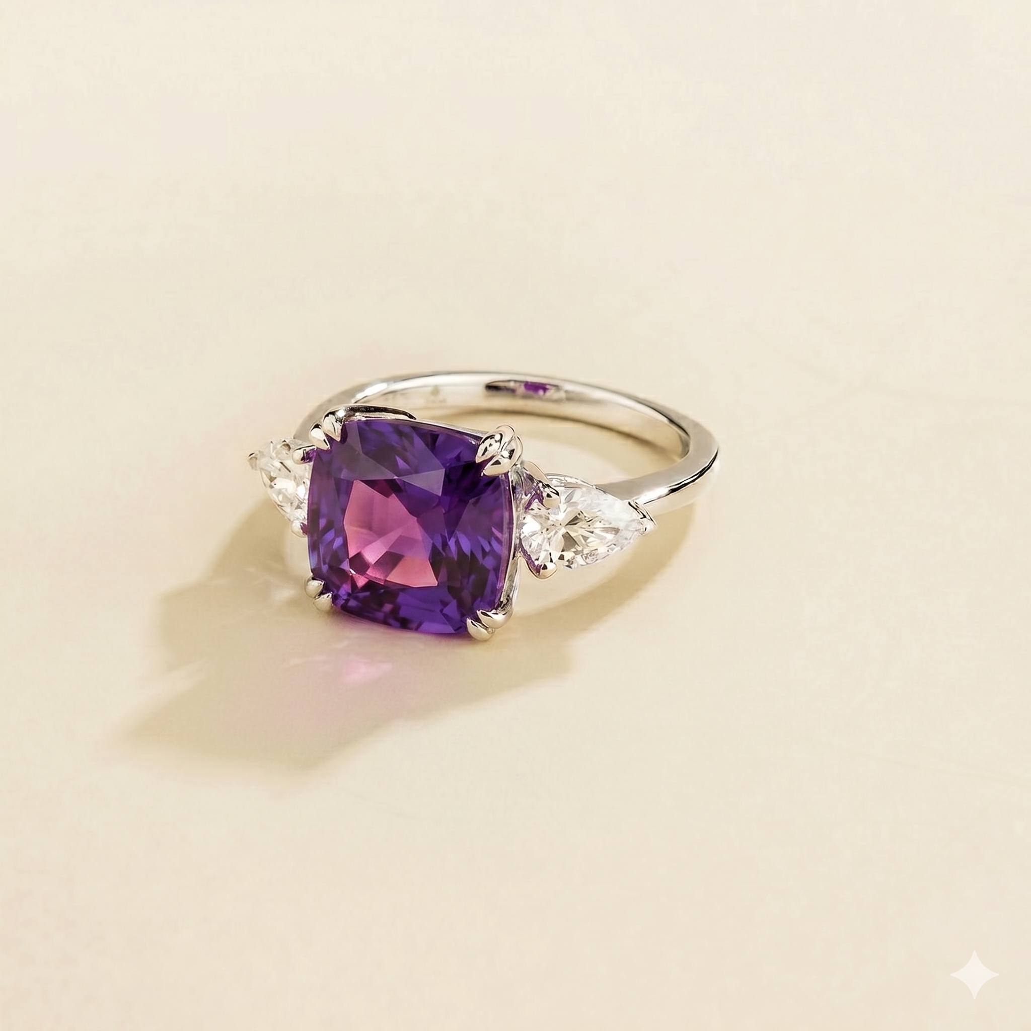 Pari Purple Sapphire Cushion Cut & Diamond Pear Cut White Gold Ring