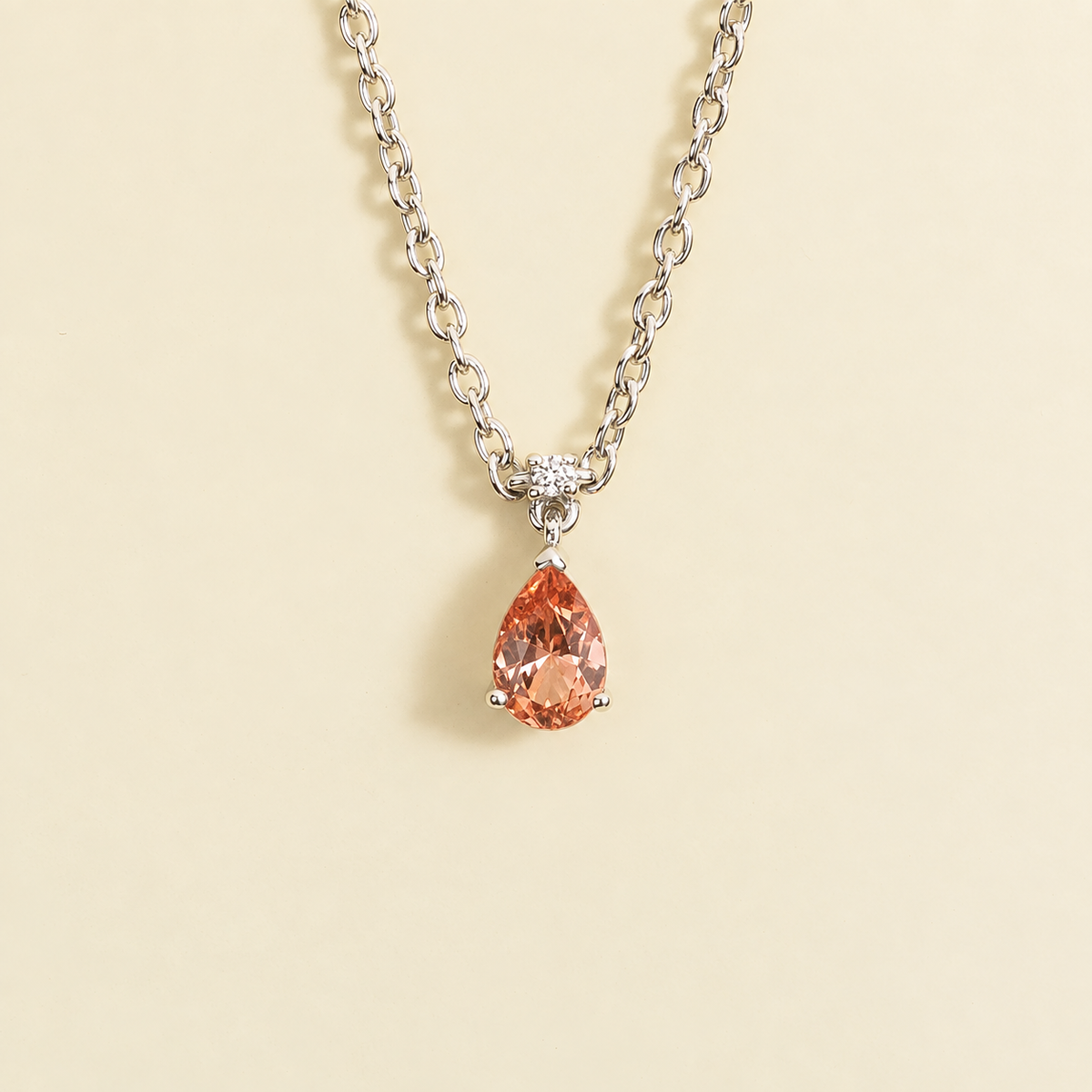 Pisa Padparadscha Sapphire & Diamond Pear Drop Pendant Necklace in White Gold Small | Juvetti
