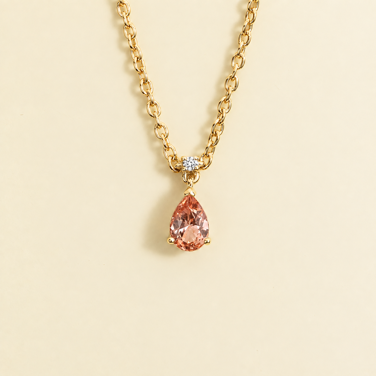 Pear-cut Padparadscha Sapphire & Diamond Pendant Necklace in Gold