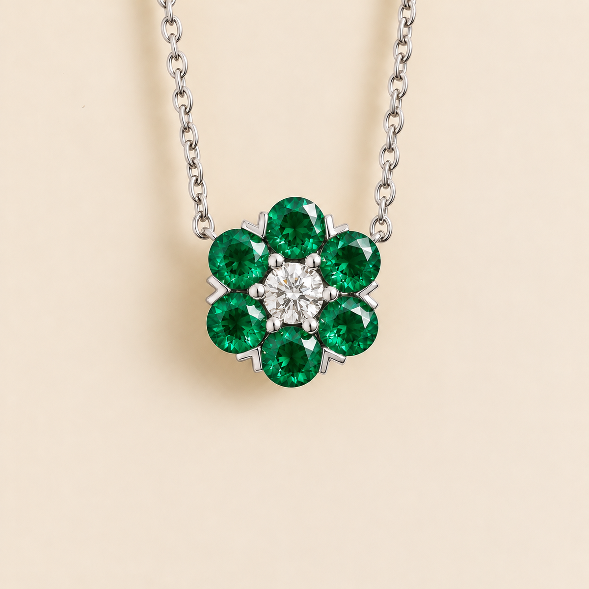 Cinq Emerald & Diamond Flower Pendant Necklace in White Gold