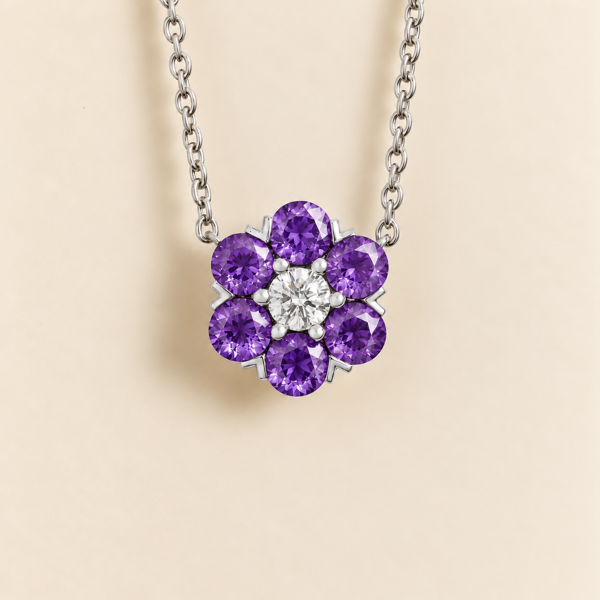 Cinq Purple Sapphire & Diamond Flower Pendant Necklace in White Gold