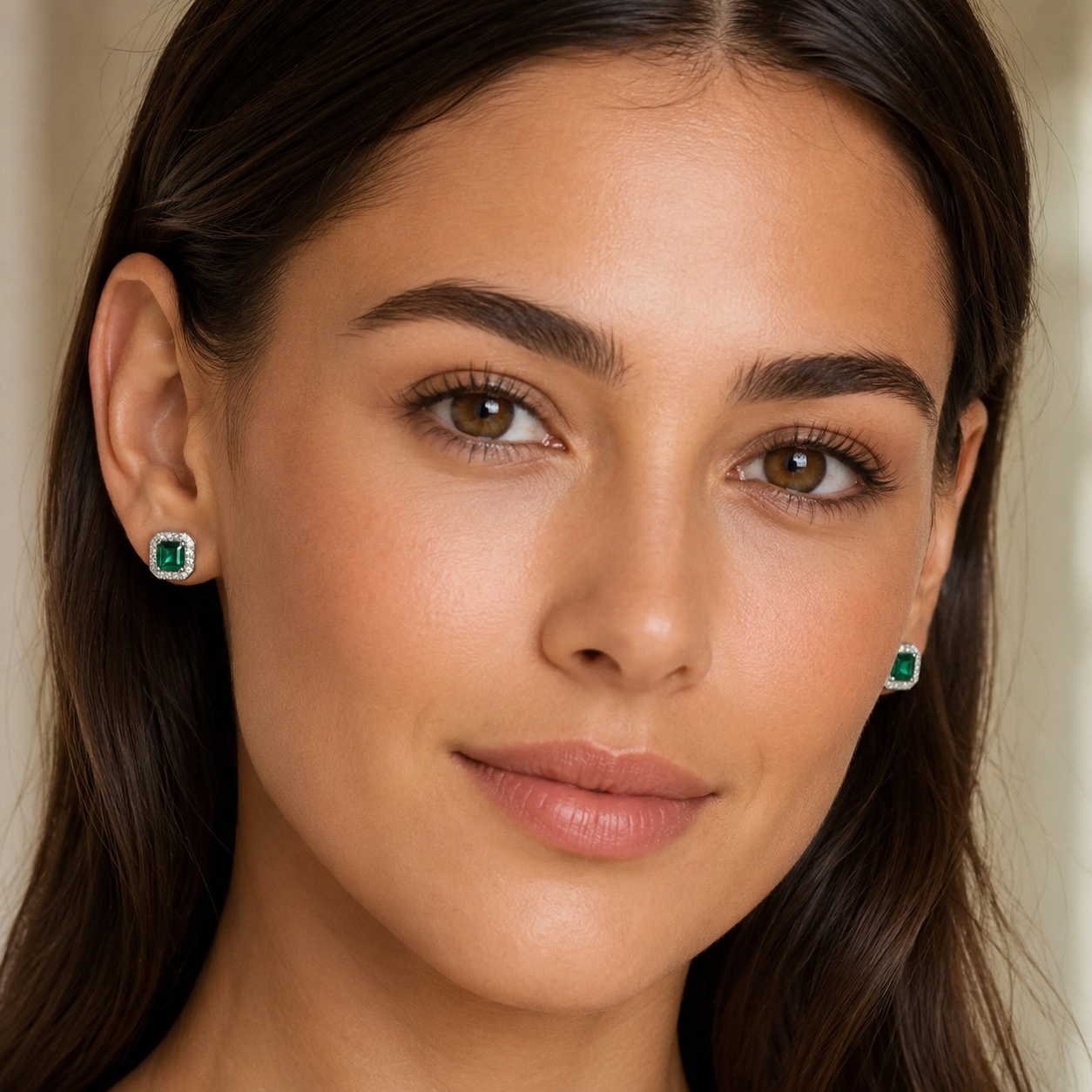 Piazza Emerald Asscher Cut Stud Earrings with Diamond Halo in White Gold