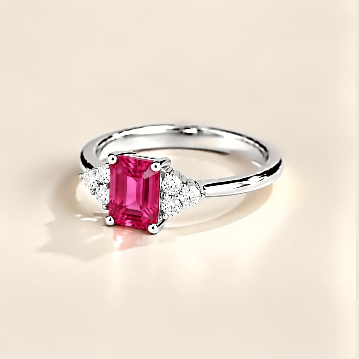 Chateau Vivid Hot Pink Sapphire Emerald-Cut & Diamond Ring in White Gold Angle view 