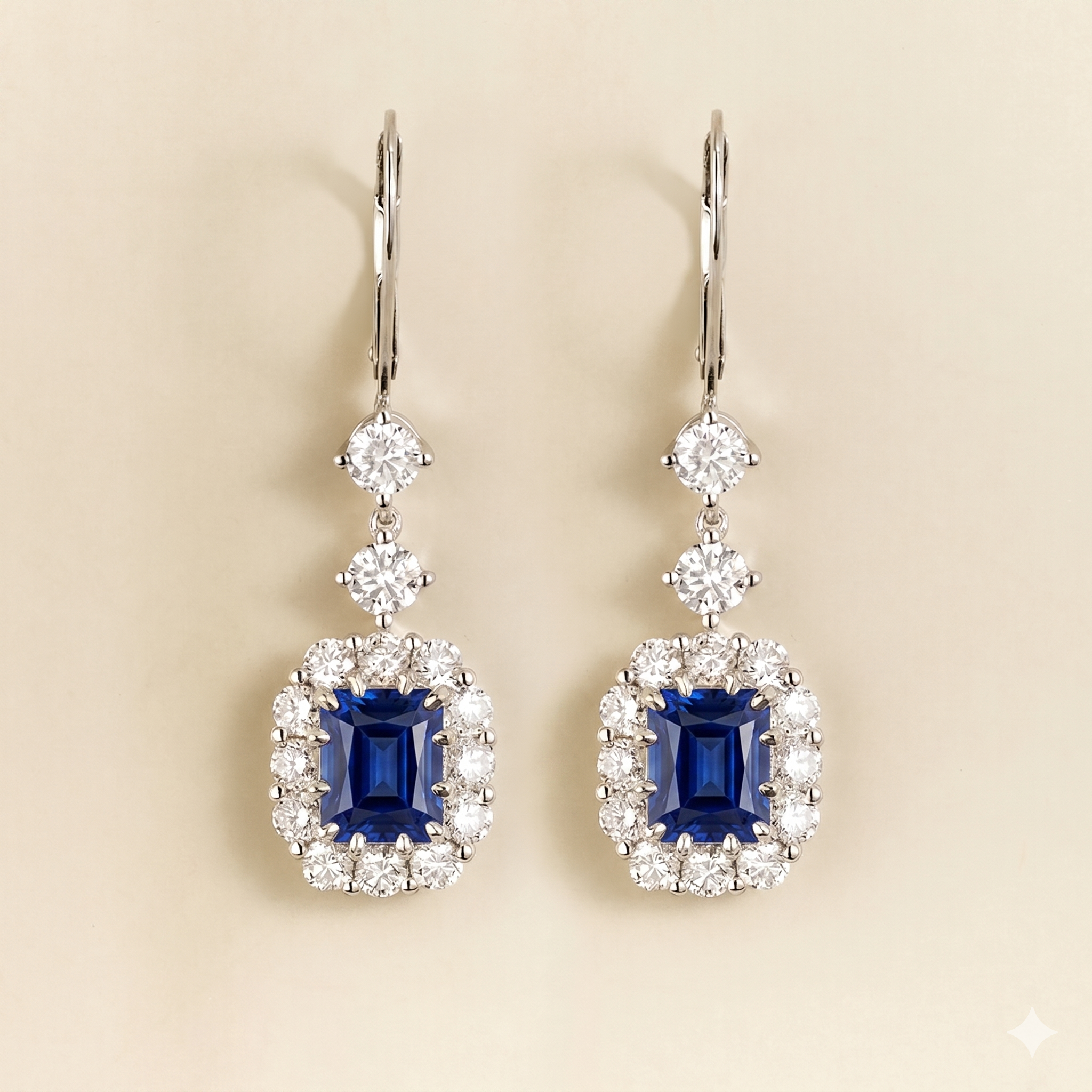 Pippa Emerald Cut Blue Sapphire & Diamond Halo Dangle Drop Earrings in White Gold
