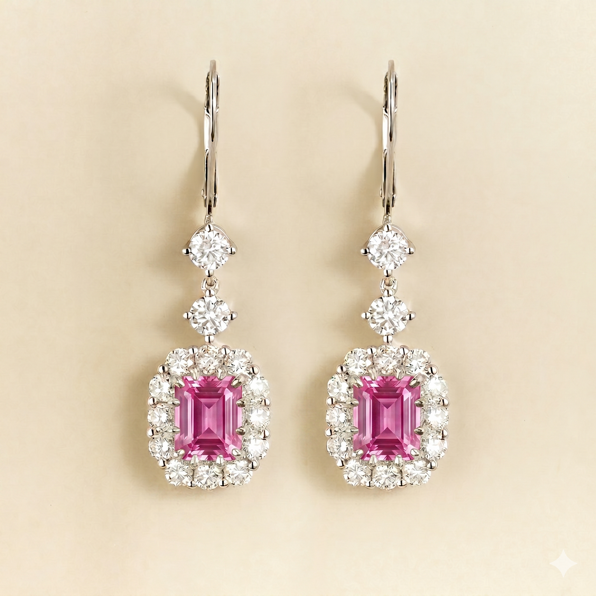 Pippa Emerald Cut Pink Sapphire & Diamond Halo Dangle Drop Earrings in White Gold