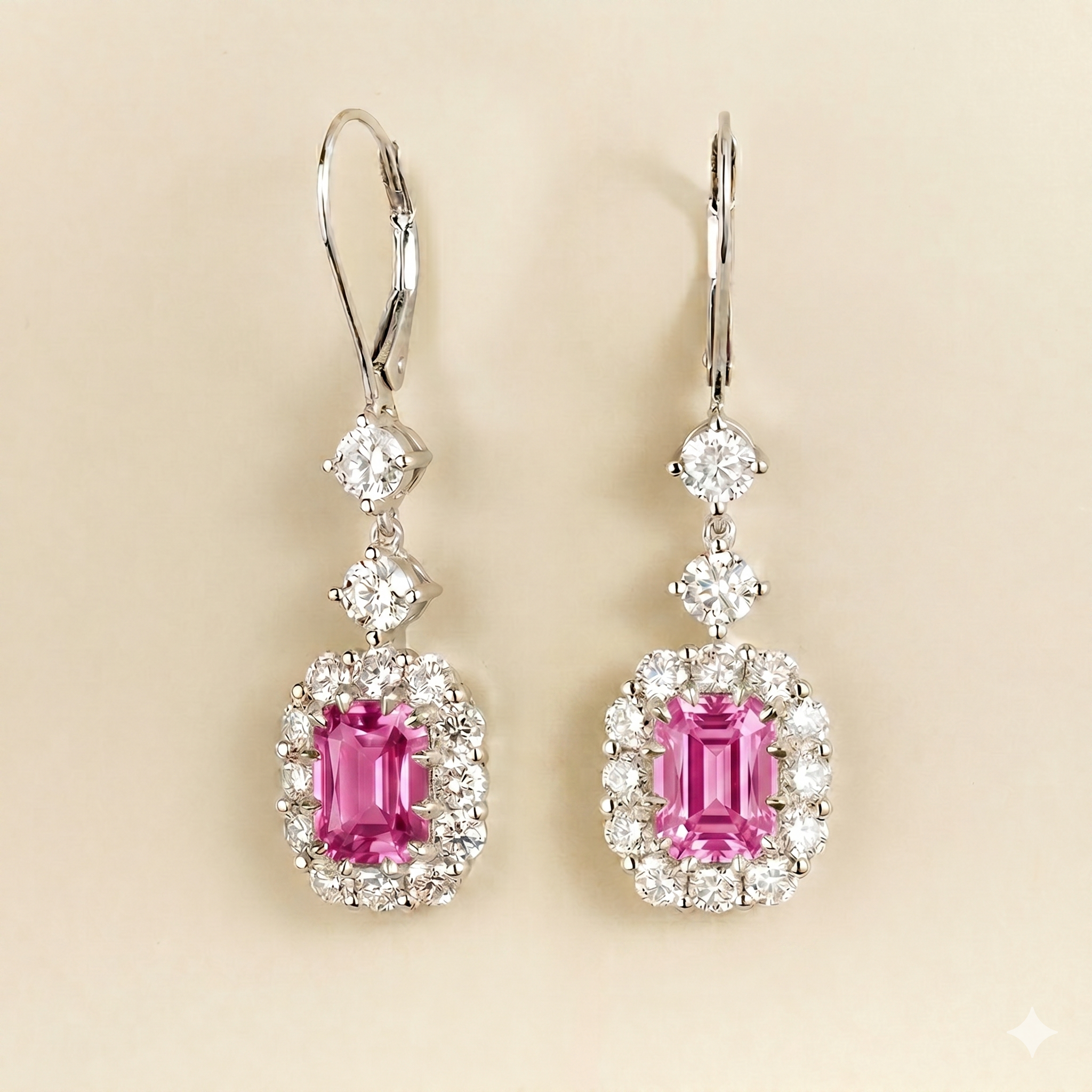 Pippa Emerald Cut Pink Sapphire & Diamond Halo Dangle Drop Earrings in White Gold