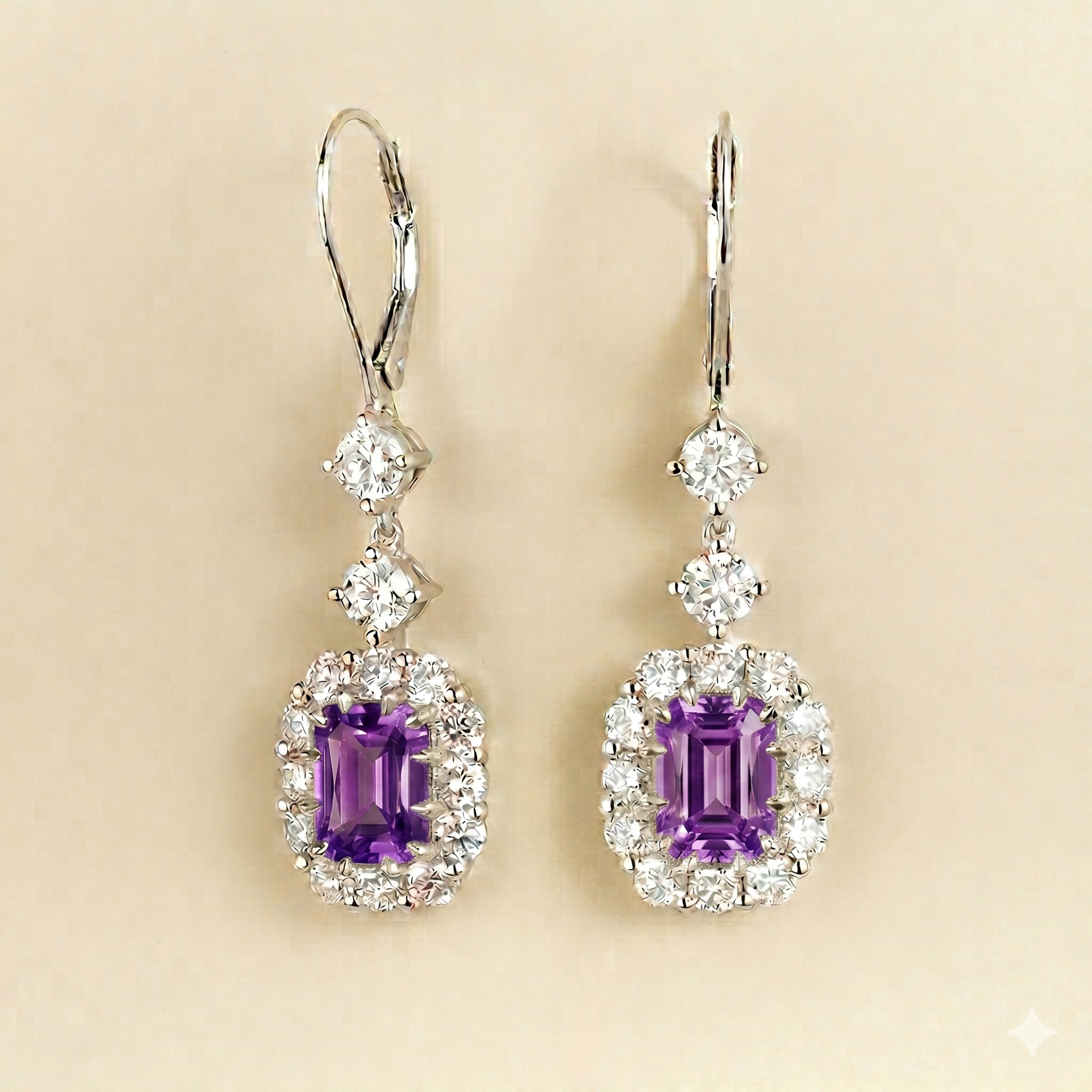 Pippa Emerald Cut Purple Sapphire & Diamond Halo Dangle Drop Earrings in White Gold