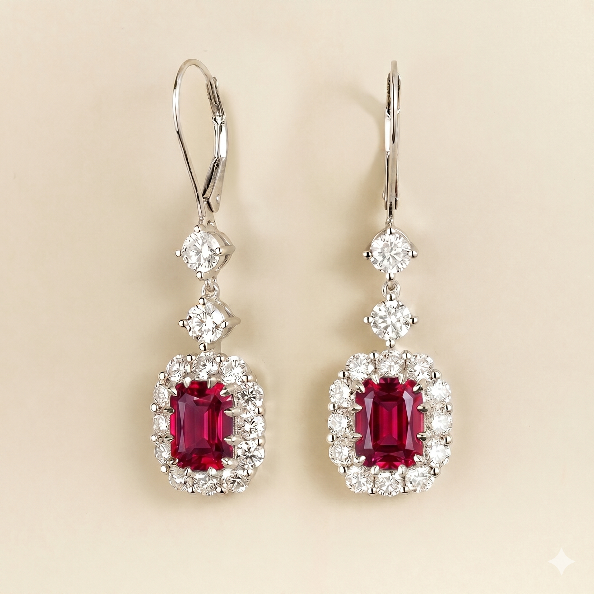 Pippa Emerald Cut Ruby & Diamond Halo Dangle Drop Earrings in White Gold