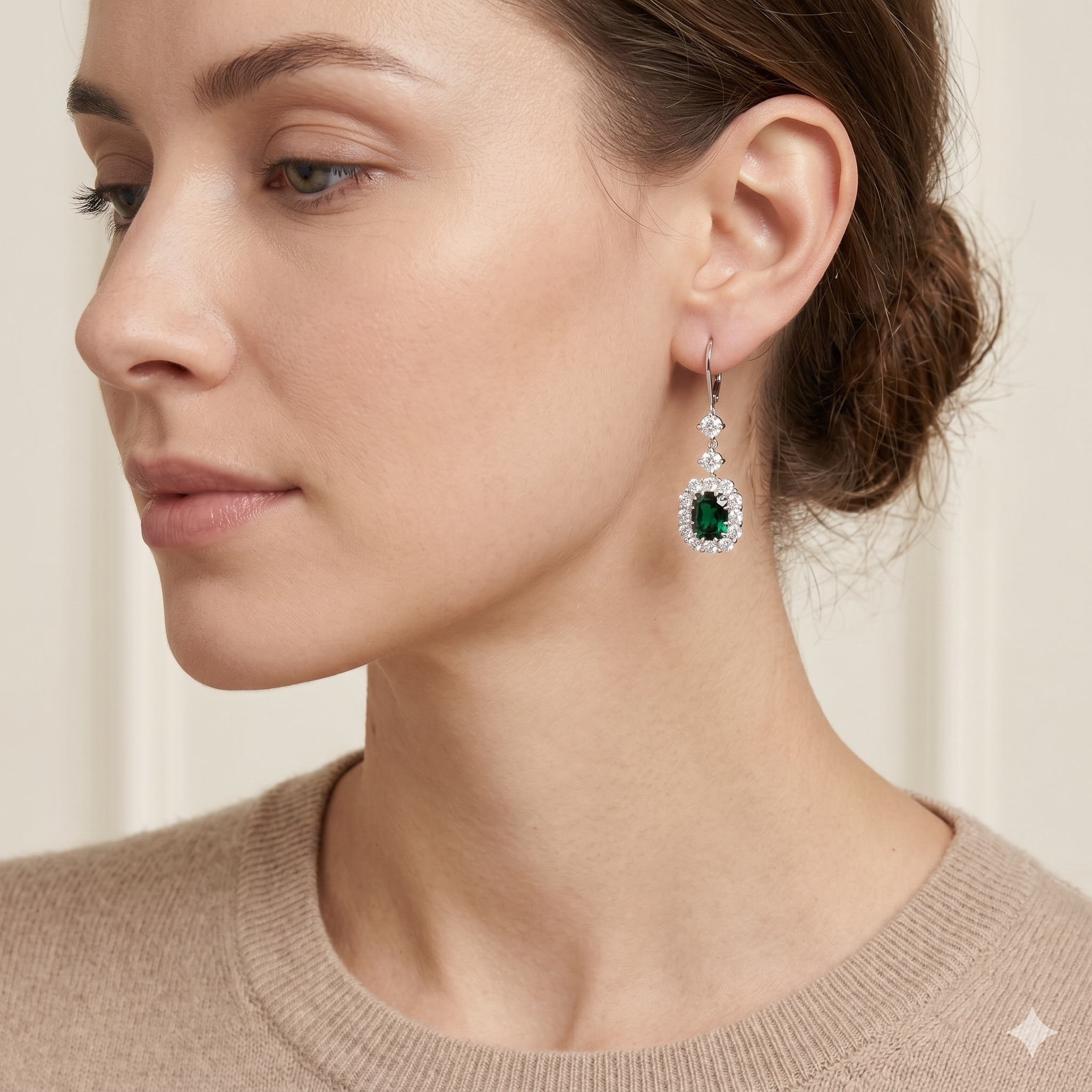 Pippa Emerald Cut Emerald & Diamond Halo Dangle Drop Earrings in White Gold