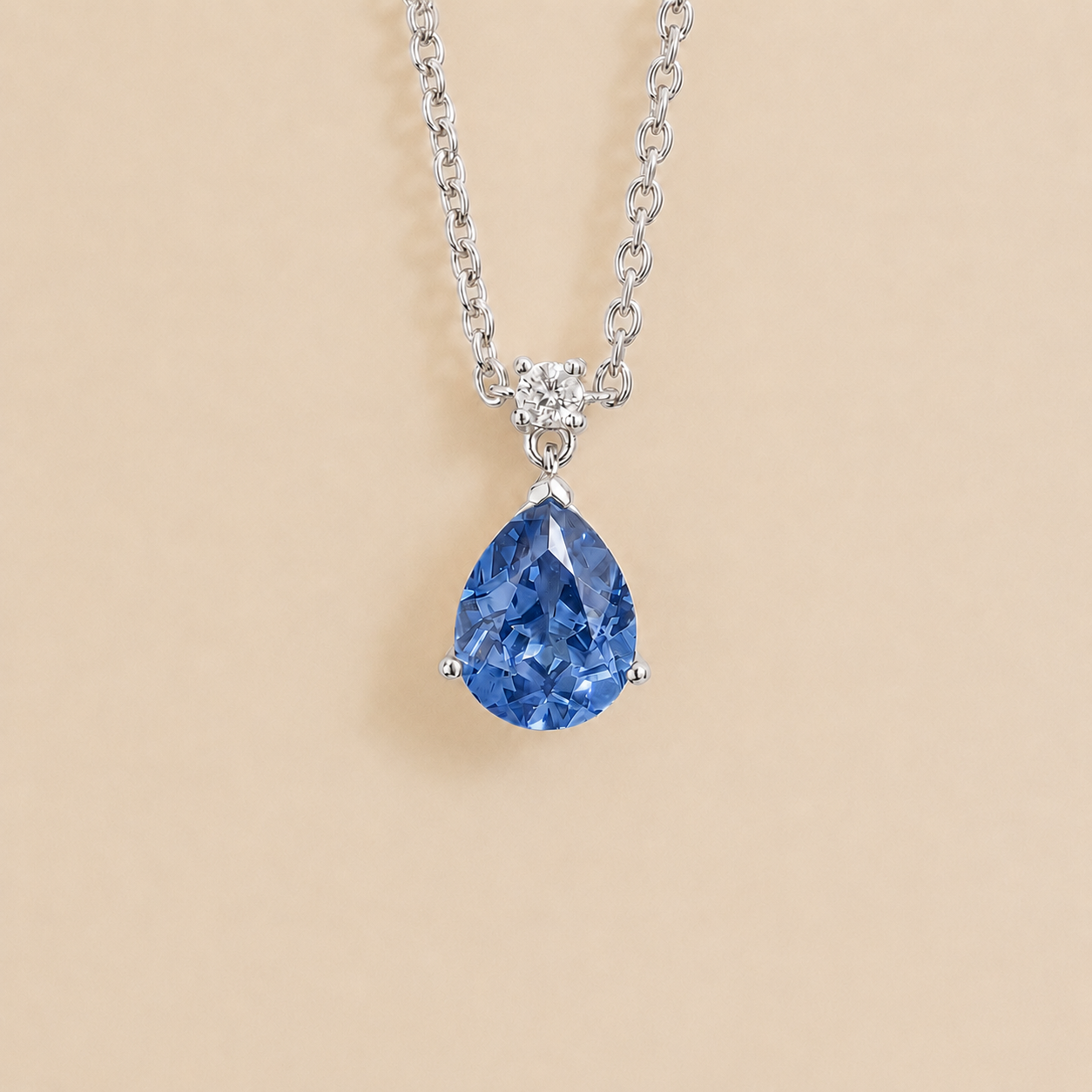 Pisa Light Blue Sapphire & Diamond Pear Drop Pendant Necklace In White Gold - Medium