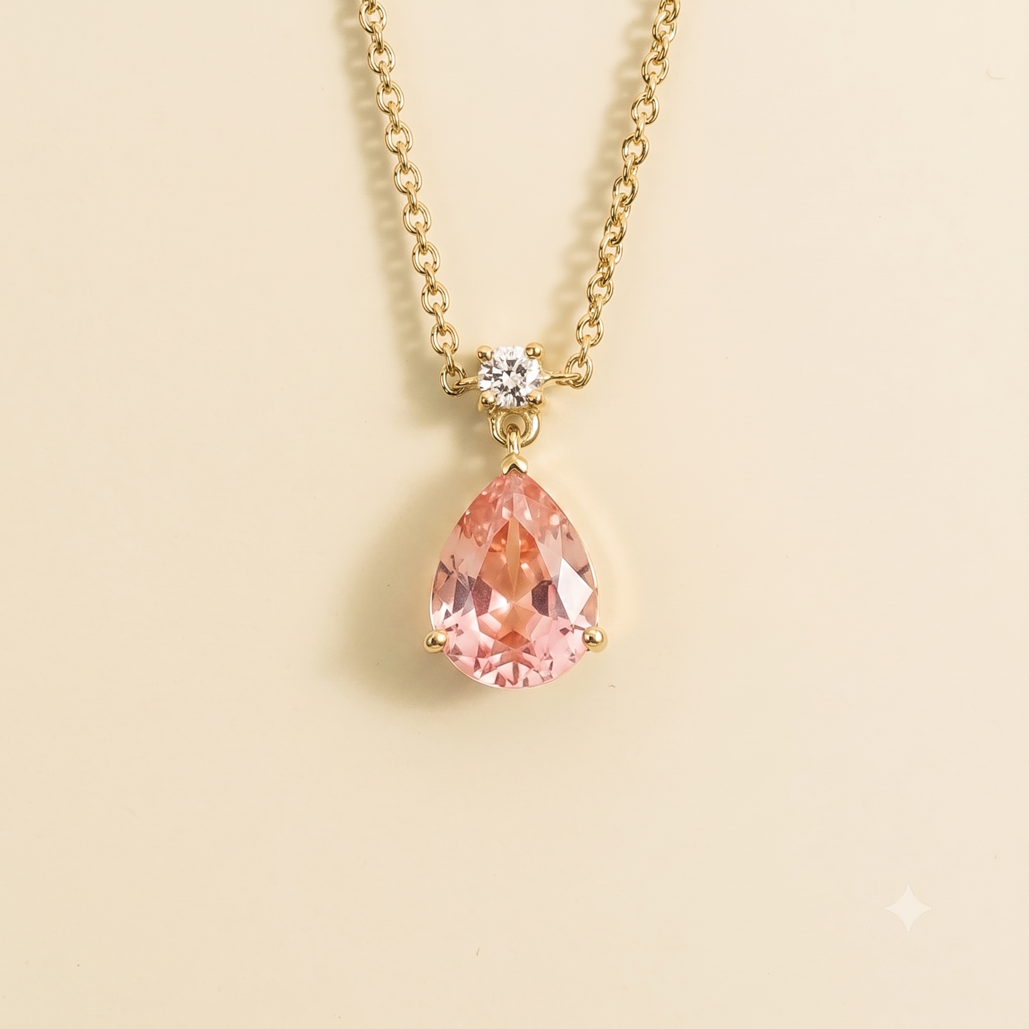 Pear-drop lab-grown padparadscha sapphire and diamond pendant necklace, Pisa medium design in gold | Juvetti London