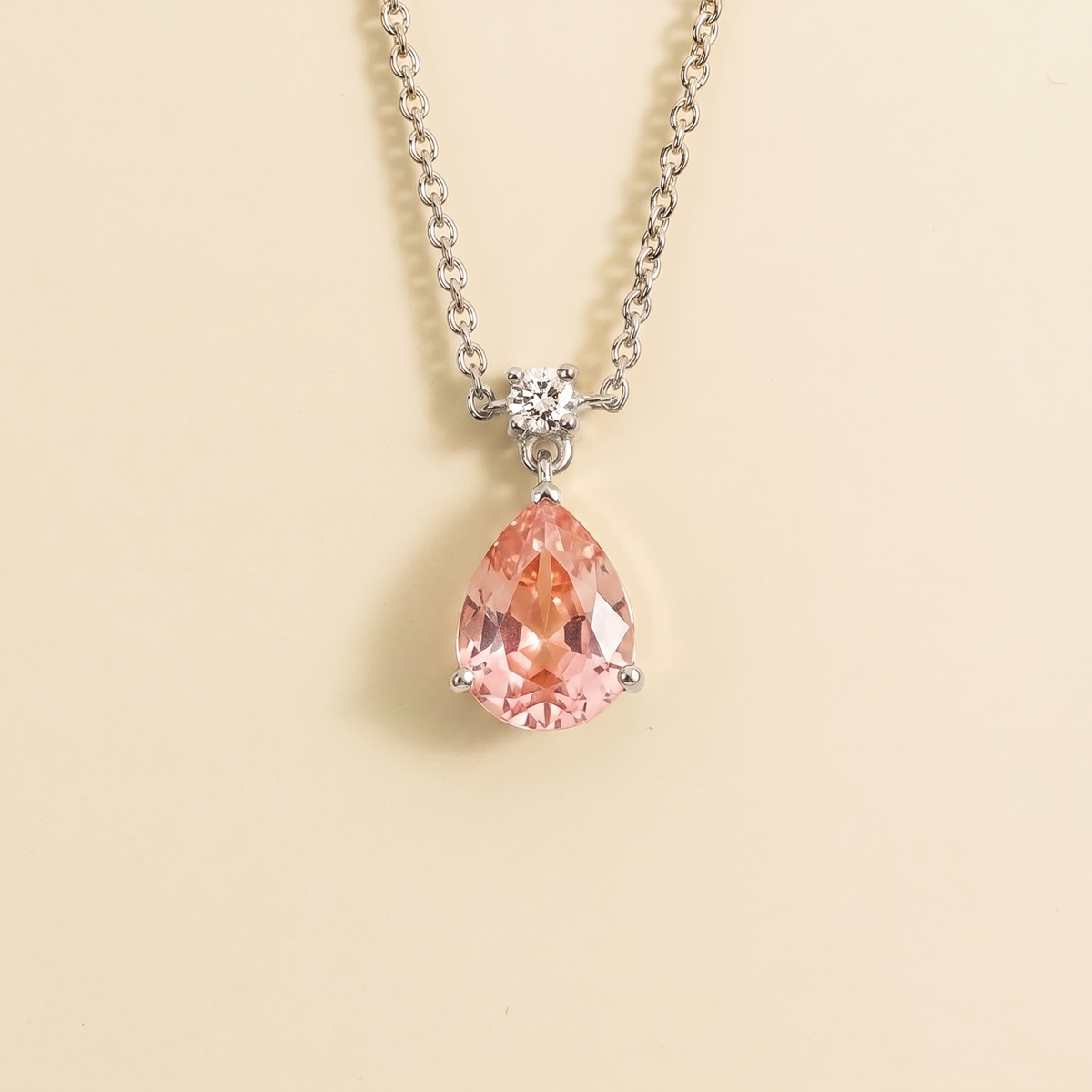Pisa Padparadscha Sapphire & Diamond Pear Drop Pendant Necklace In White Gold - Medium