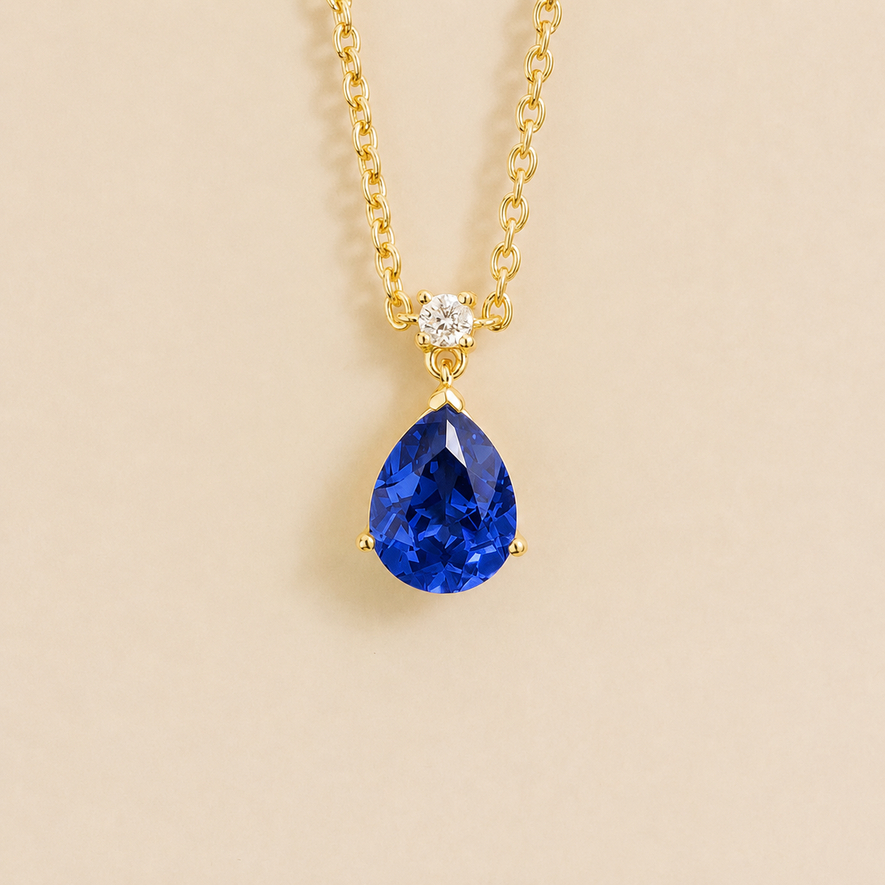 Pisa Royal Blue Sapphire & Diamond Pear Drop Pendant Necklace In Gold - Medium