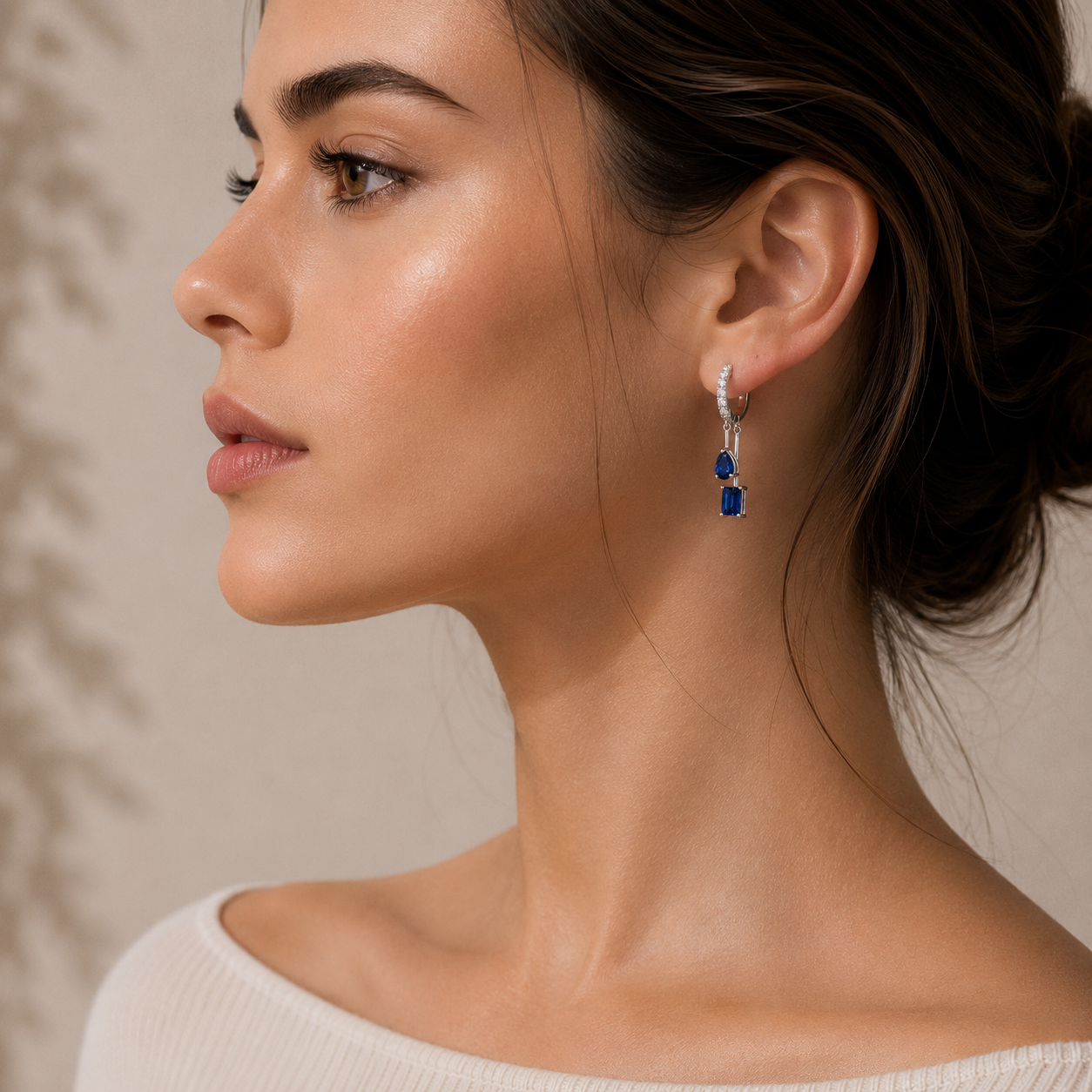 Faire Blue Sapphire & Diamond Pavé Drop Huggie Hoop Earrings in White Gold