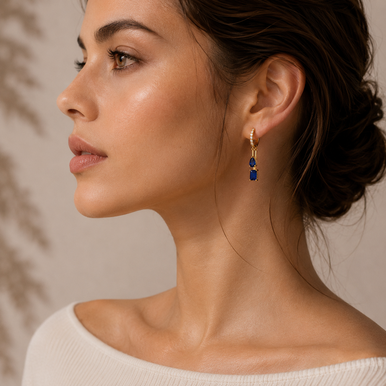 Faire Blue Sapphire & Diamond Pavé Drop Huggie Hoop Earrings in Gold