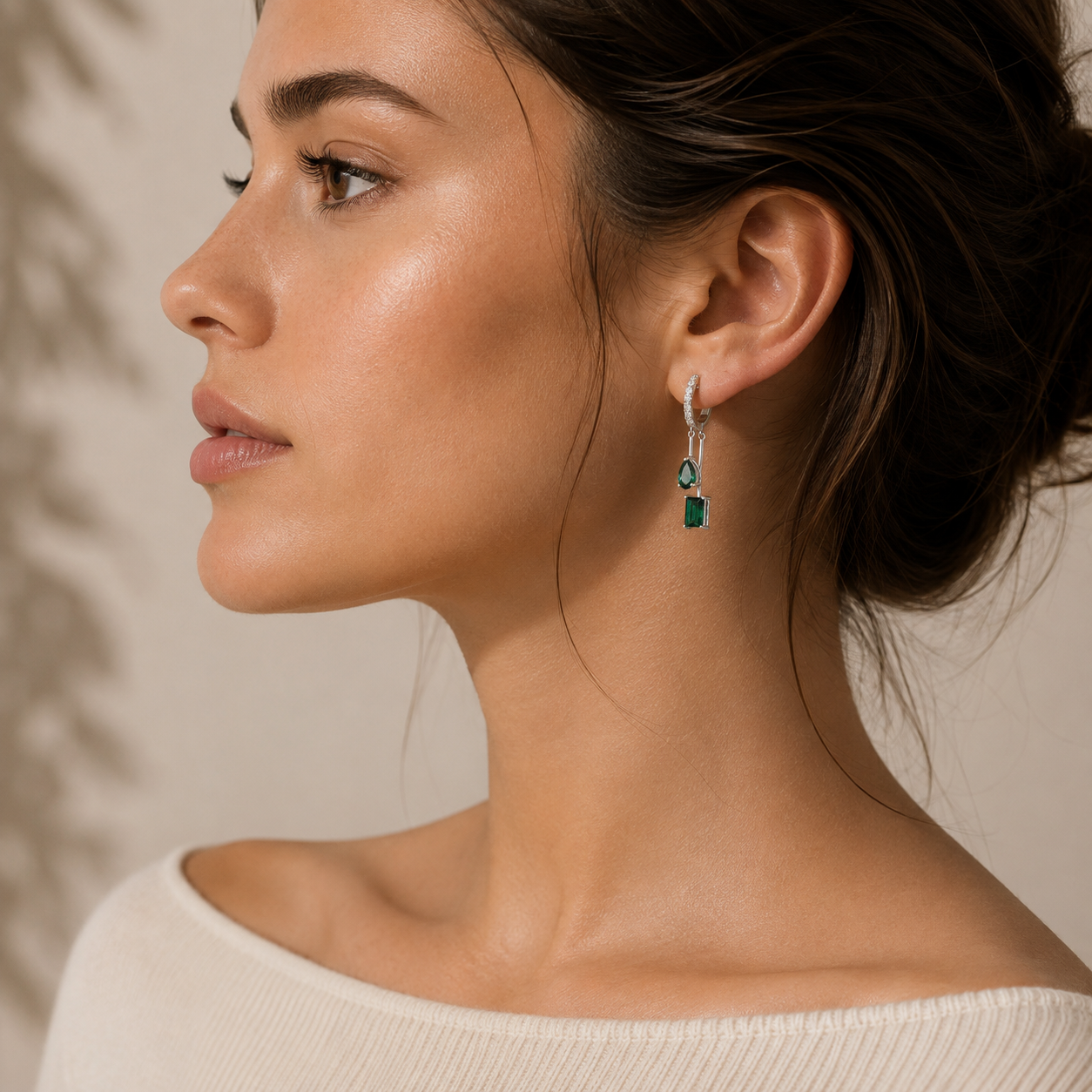 Faire Emerald & Diamond Pavé Drop Huggie Hoop Earrings in White Gold