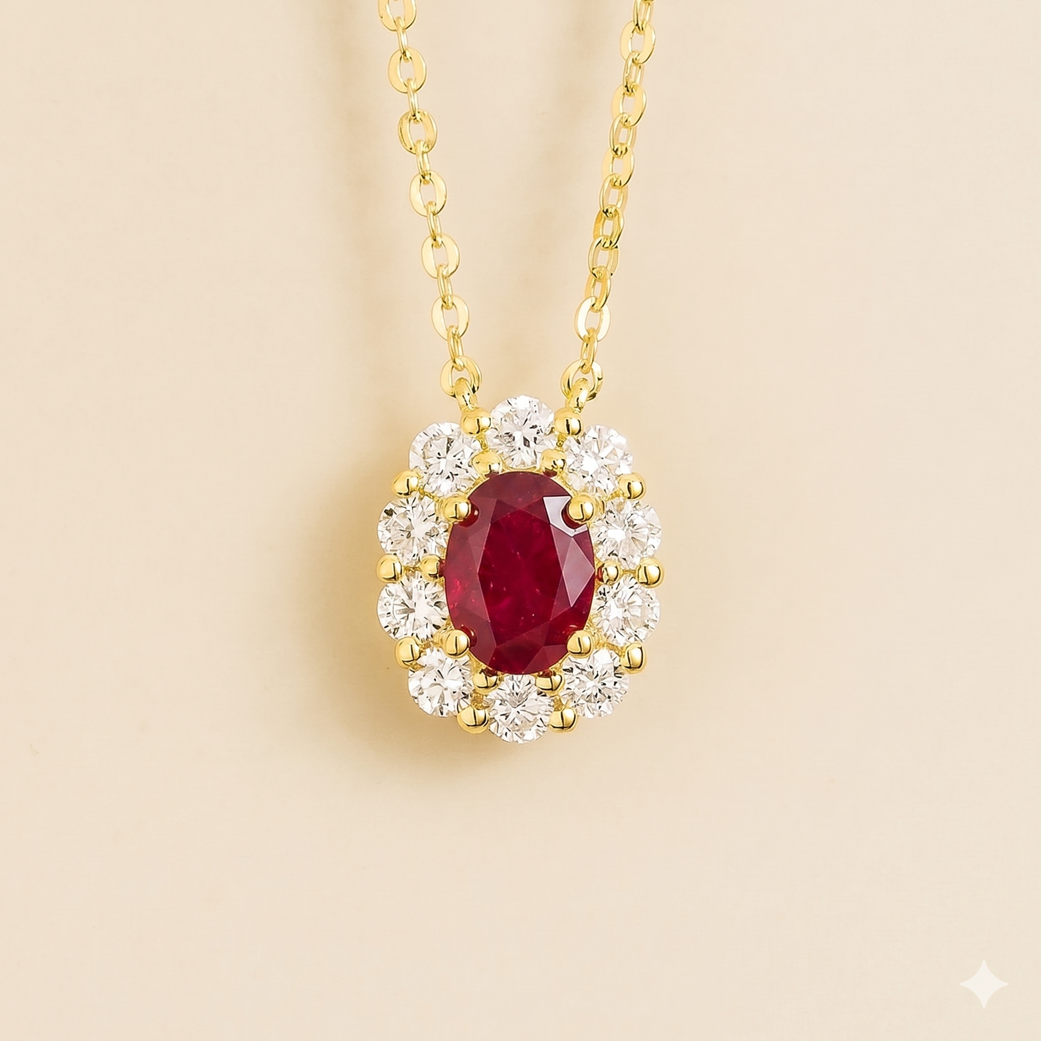 Prill Ruby Oval & Diamond Halo Necklace In Gold