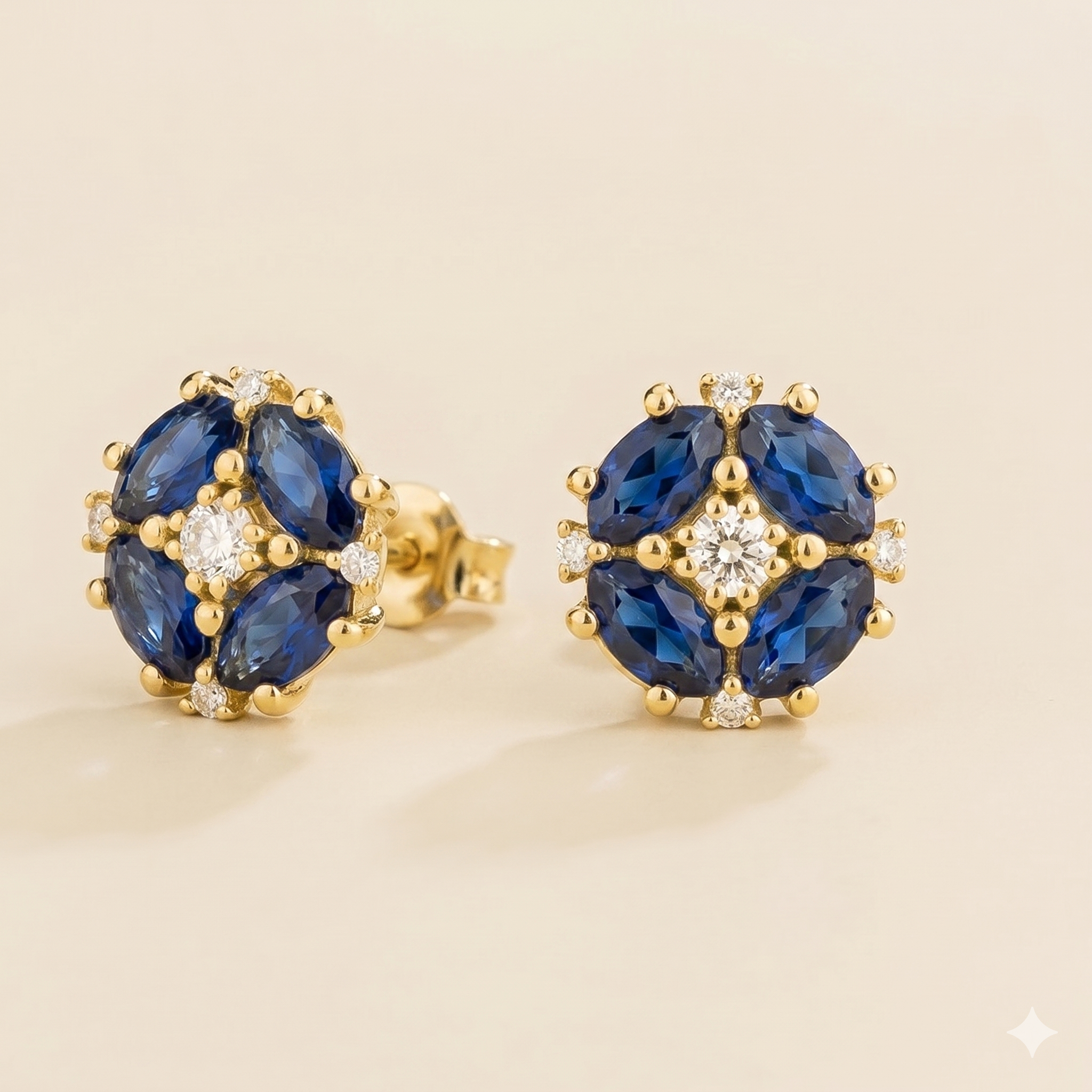 Pristi Oval Blue Sapphire & Diamond Cluster Earrings in Gold