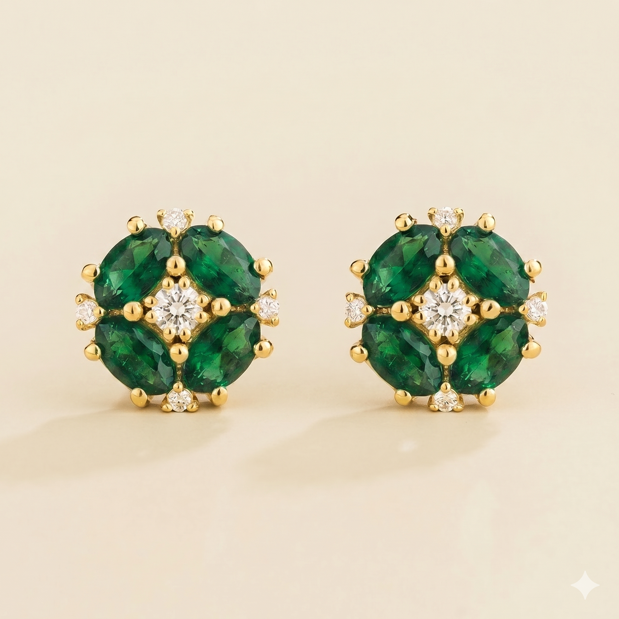 Pristi Oval Emerald & Diamond Cluster Earrings in Gold