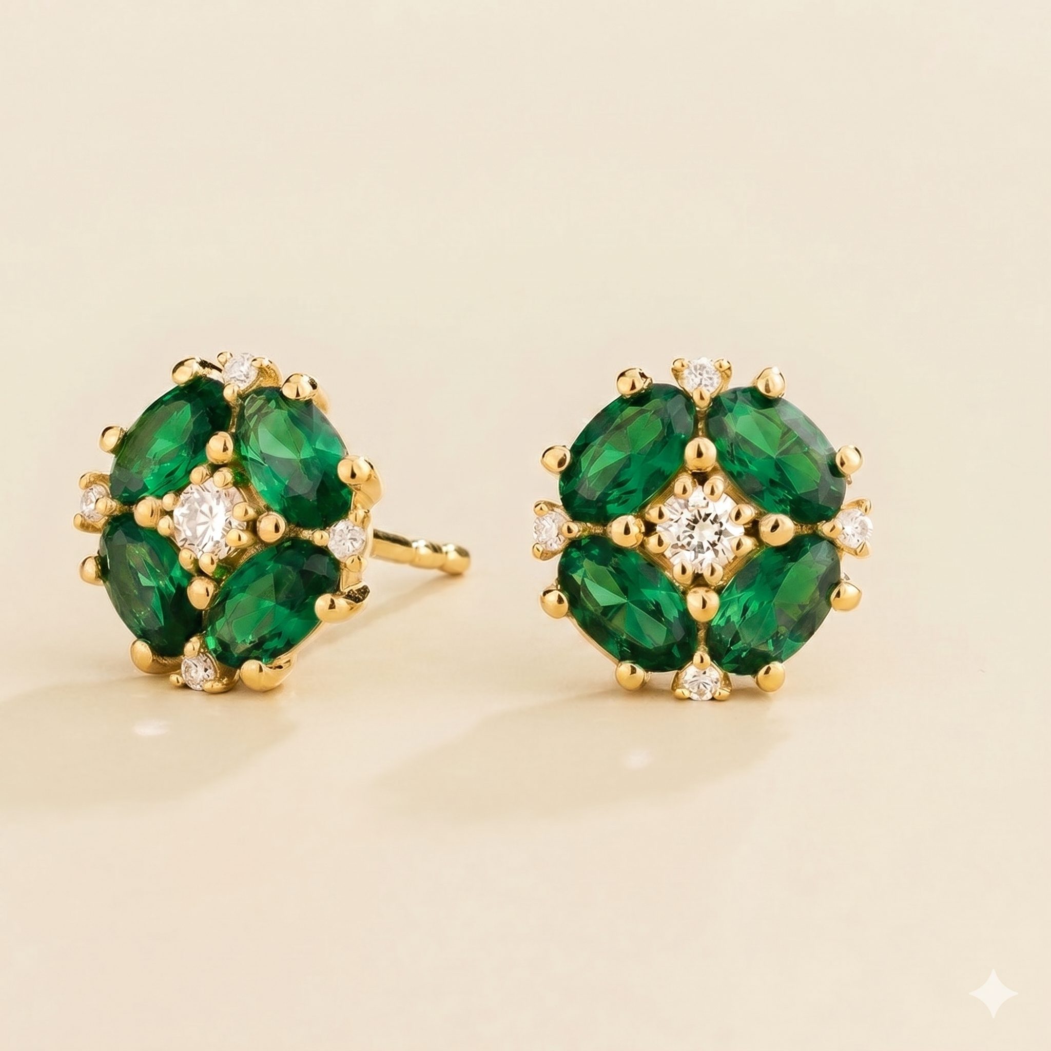 Pristi Oval Emerald & Diamond Cluster Earrings in Gold
