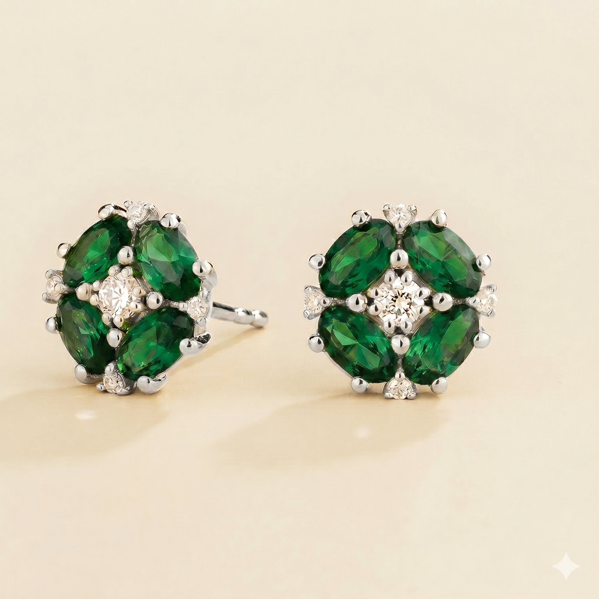 Pristi Oval Emerald & Diamond Cluster Earrings in White Gold
