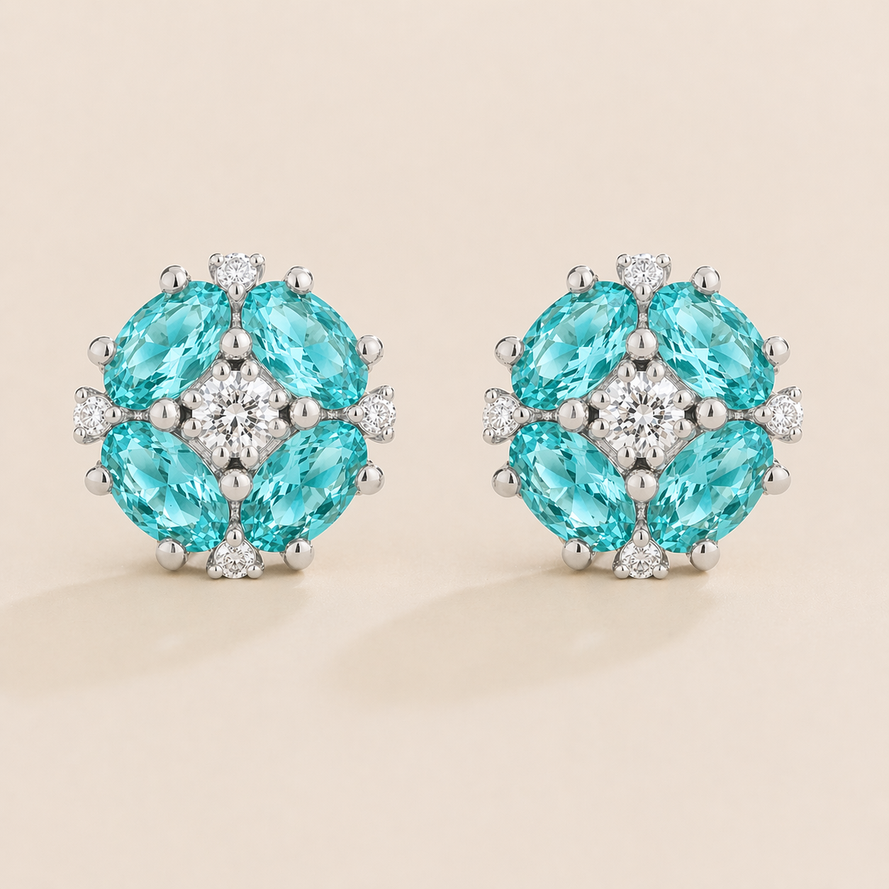Pristi Oval Paraiba & Diamond Cluster Earrings in White Gold