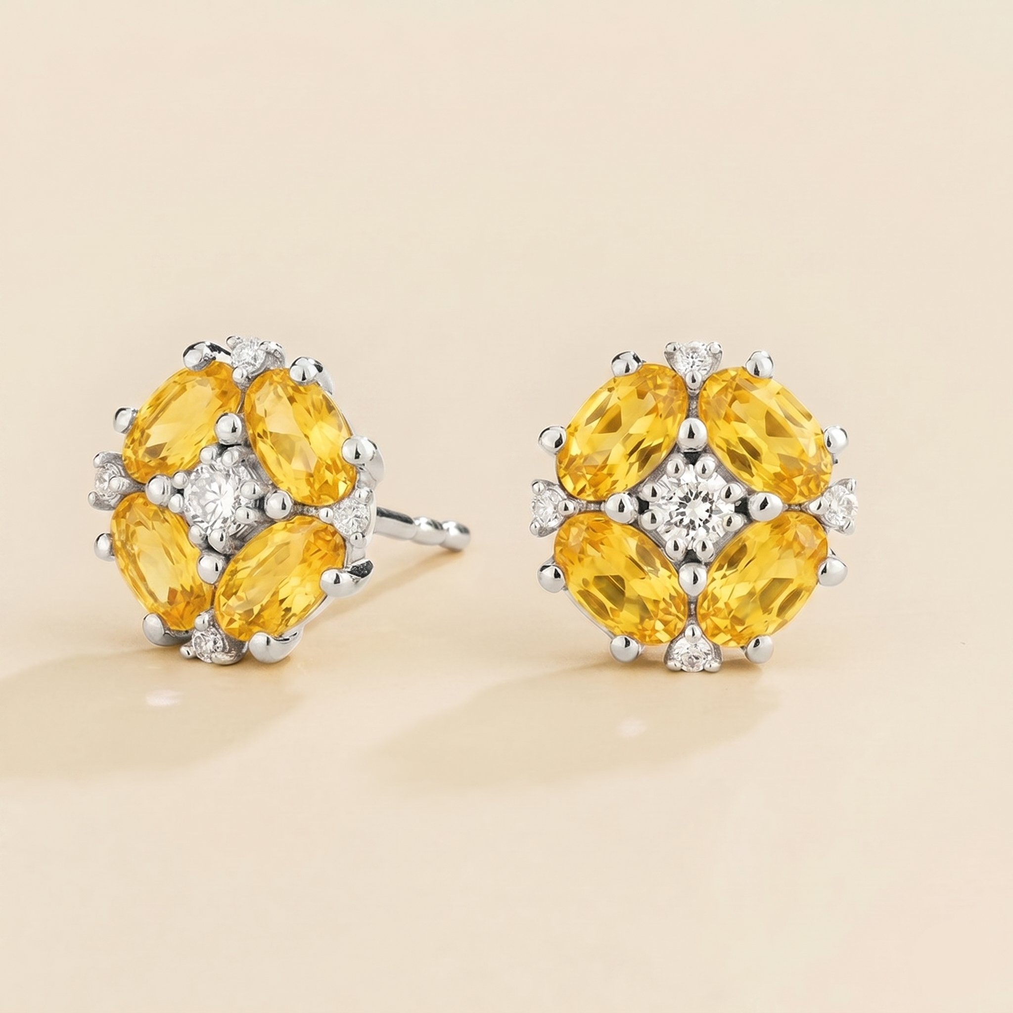 Pristi Oval Yellow Sapphire & Diamond Cluster Earrings in White Gold