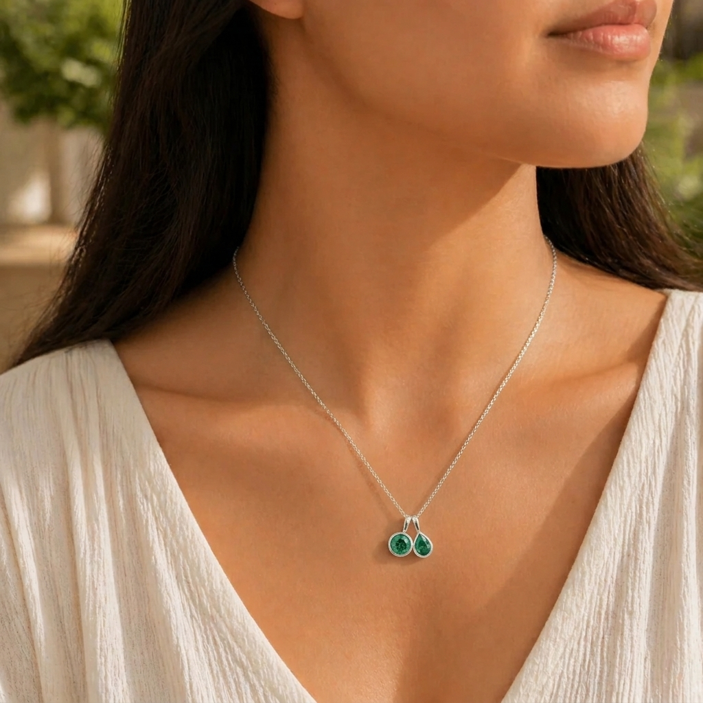 Prunus Emerald Round & Pear Cut Bezel Set Two-Stone Pendant White Gold Necklace