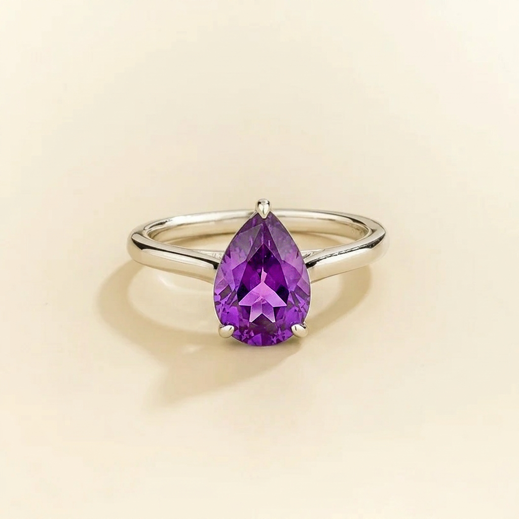 Pear Shape Purple Sapphire Cathedral Solitaire Ring in White Gold