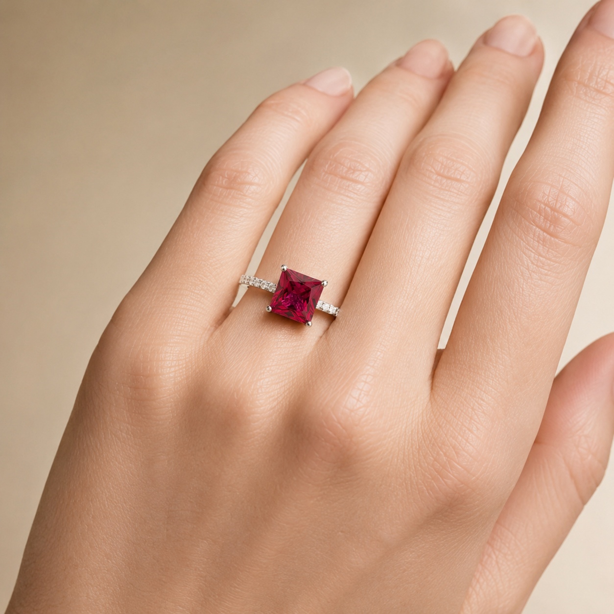 Rena Ruby Princess-Cut Ring with Pavé Diamond Band in White Gold