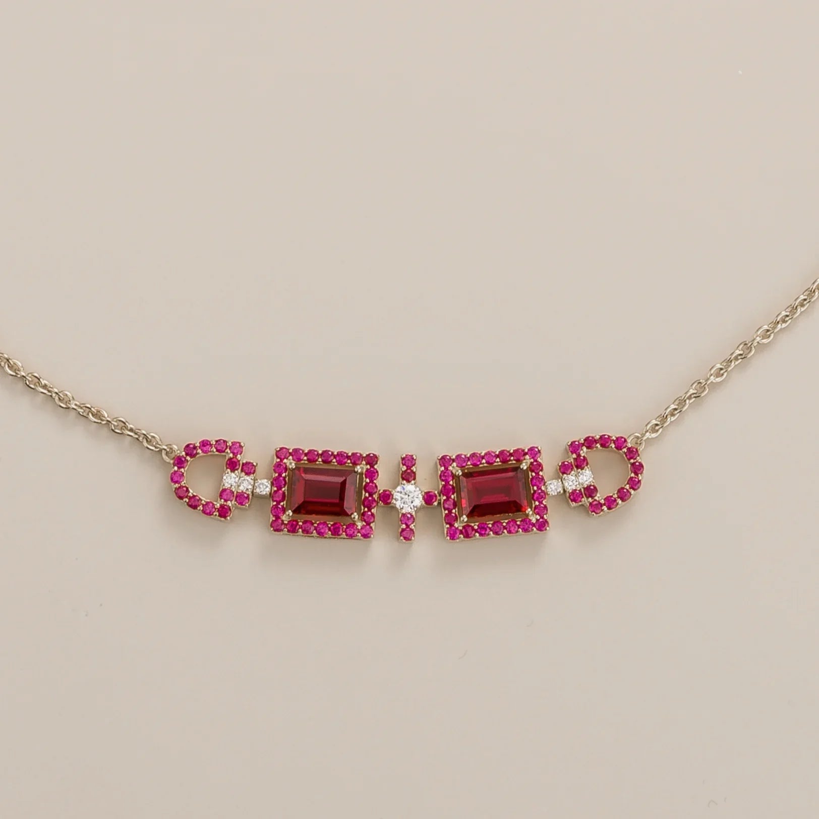Ciceris Ruby & Diamond Rectangle Halo Statement White Gold Necklace