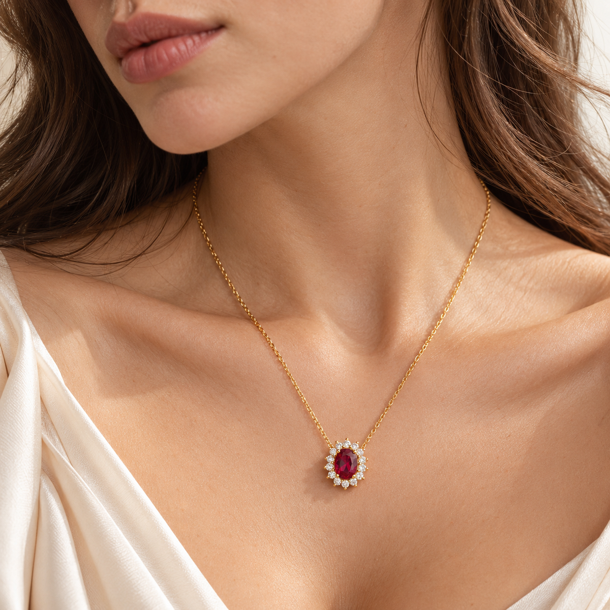Divo Oval Ruby & Diamond Halo Gold Necklace