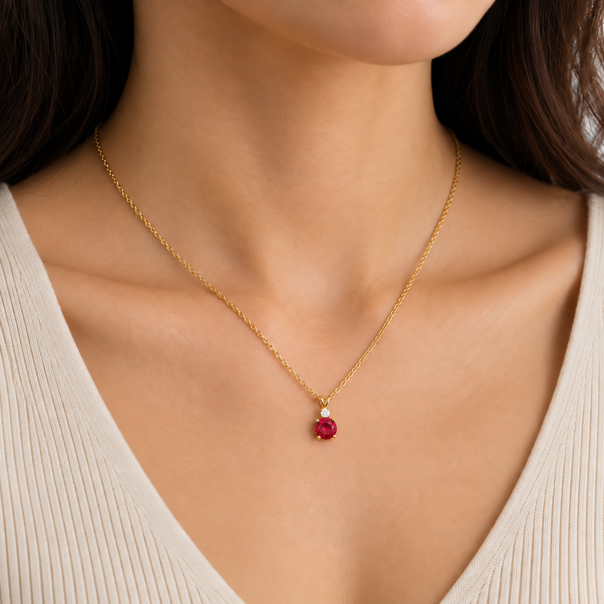 Joie Round Ruby & Diamond Drop Pendant Necklace in Gold