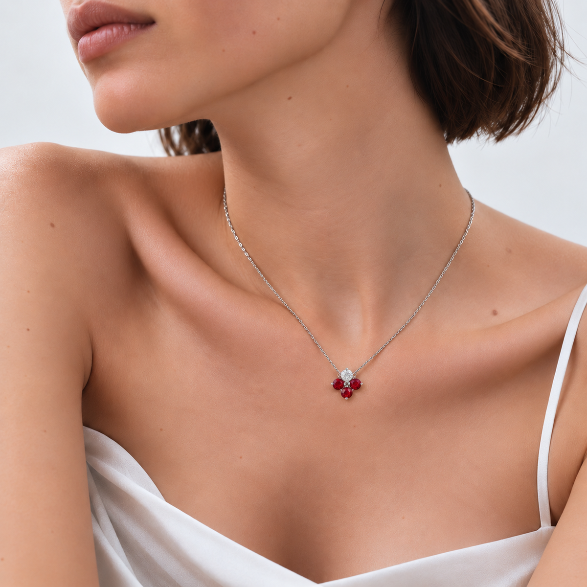 Clover Ruby & Diamond Necklace In White Gold