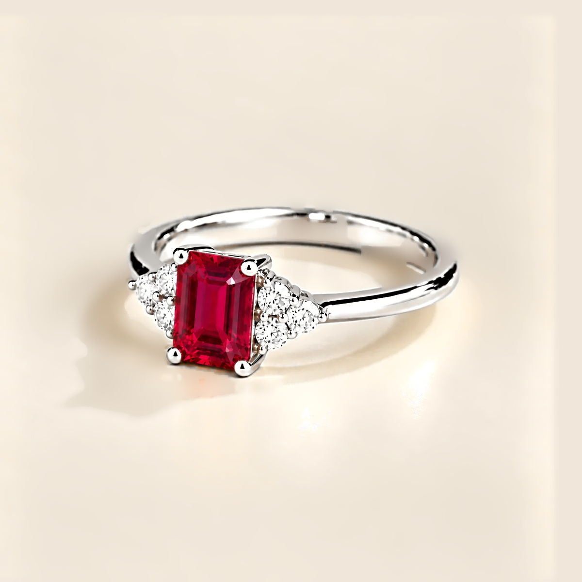 Chateau Ruby Emerald-Cut & Diamond Ring in White Gold Angle view 