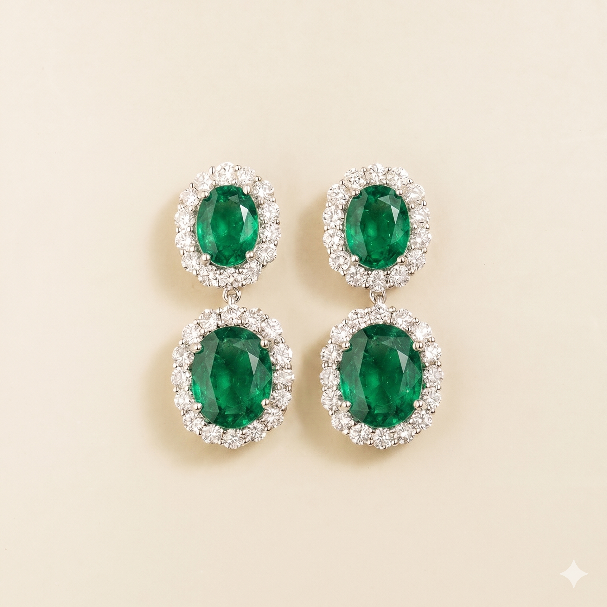 Salve Oval Emerald & Diamond Halo Drop Earrings in White Gold