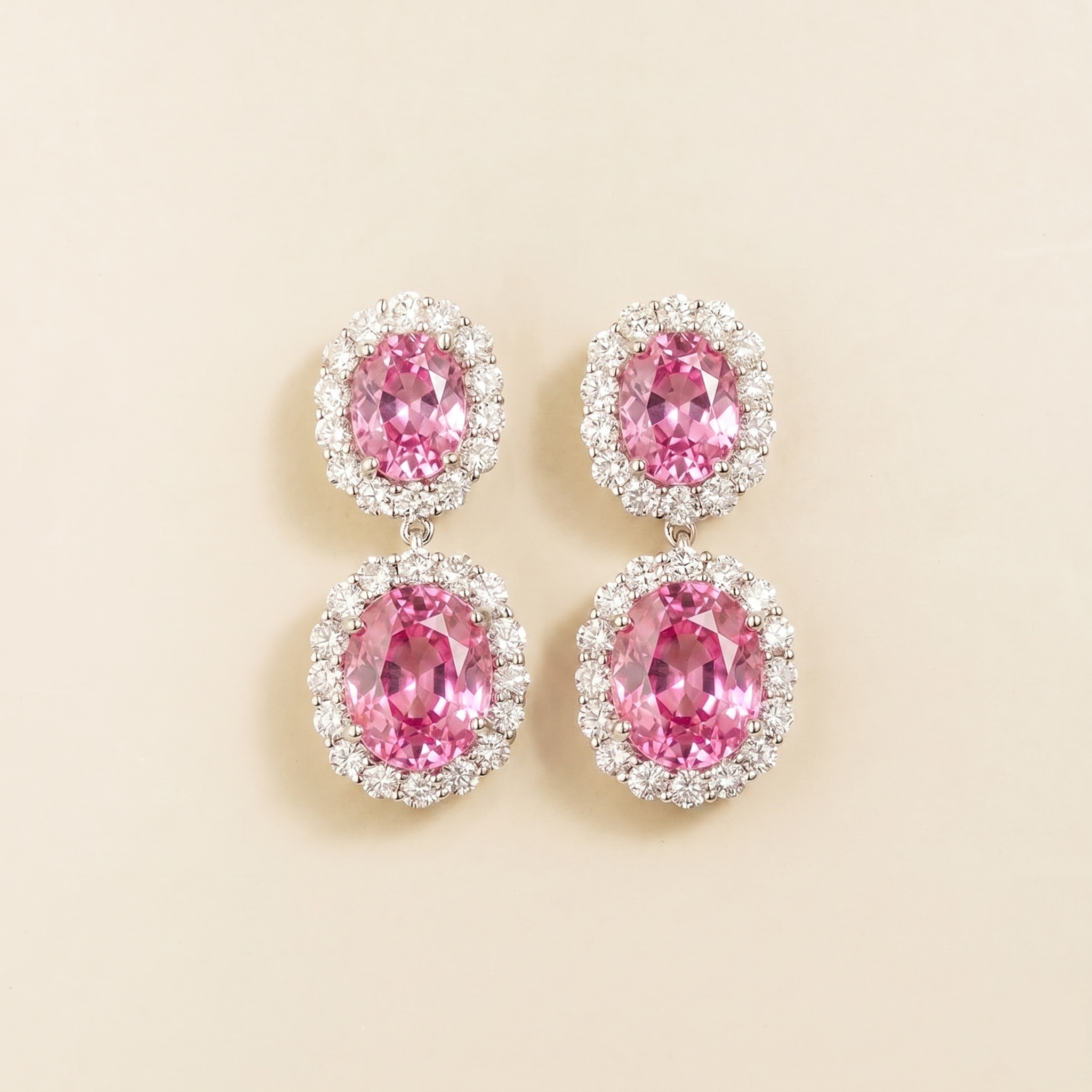 Salve Oval Pink Sapphire & Diamond Halo Drop Earrings in White Gold