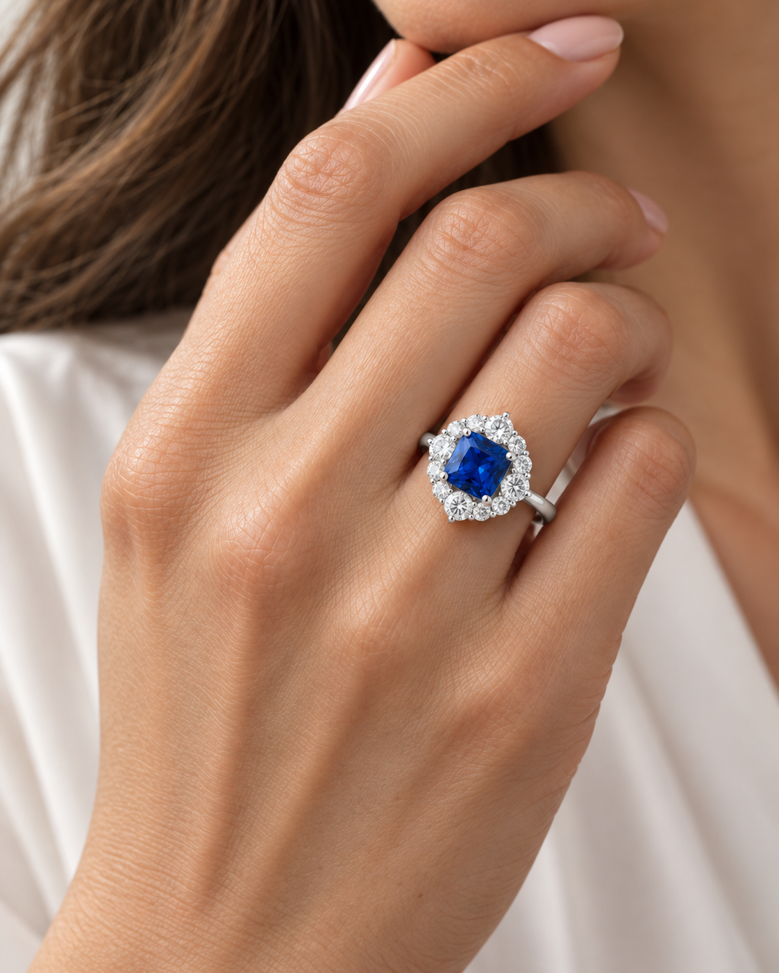 Tuli Cushion-Cut Blue Sapphire & Diamond Halo Ring in White Gold – view 3
