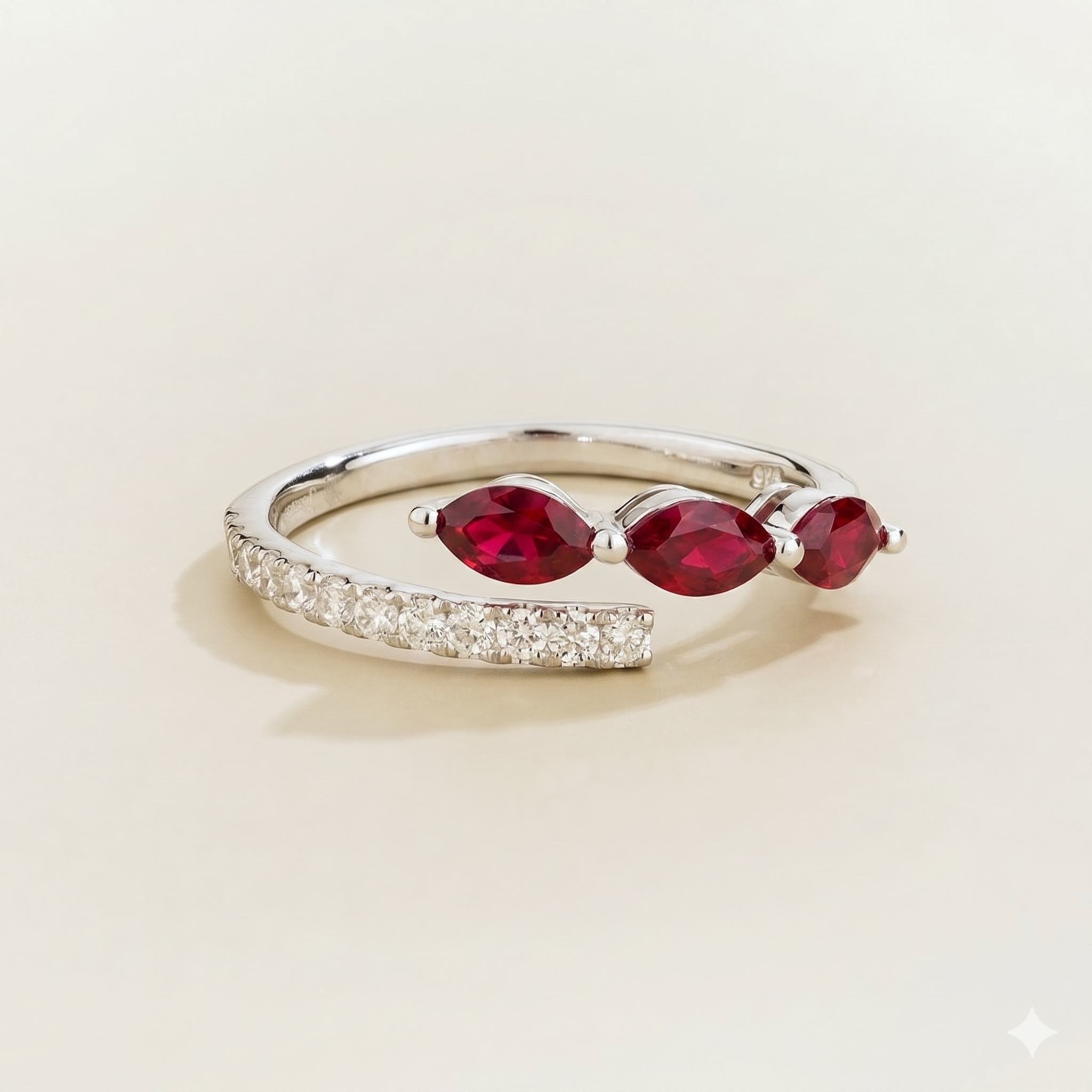 Sava Ruby Three-Stone & Diamond Pavé Ring in White Gold