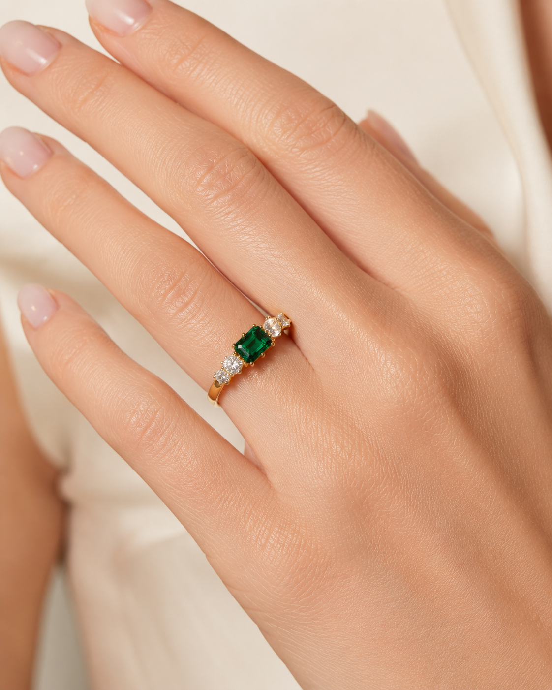 Savis Emerald Cut Emerald and Diamond Five Stone Ring in Yellow Gold