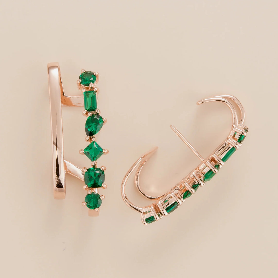 Serene cuff earrings in 18K rose gold vermeil set with 3.60 carats lab grown Emerald gem stones.