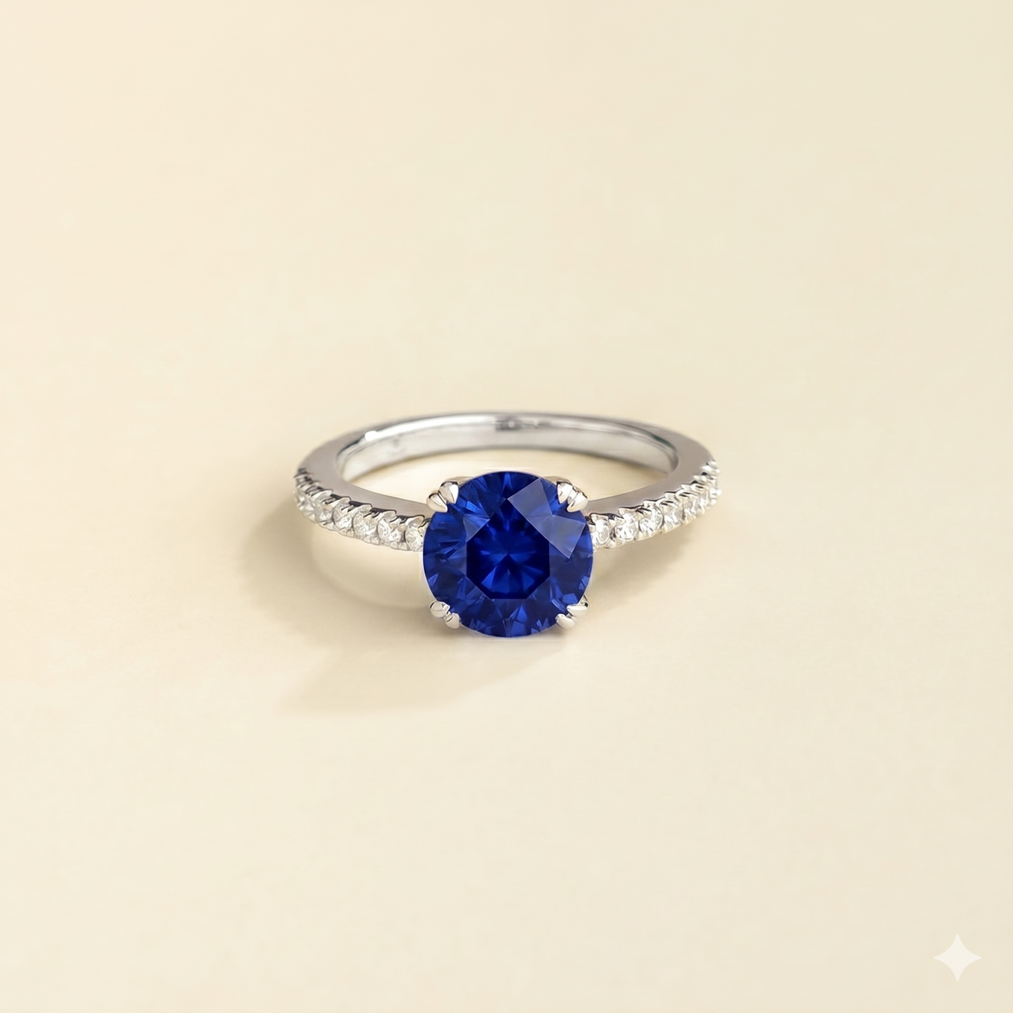 Solen Blue Sapphire Round & Diamond Pavé Ring in White Gold
